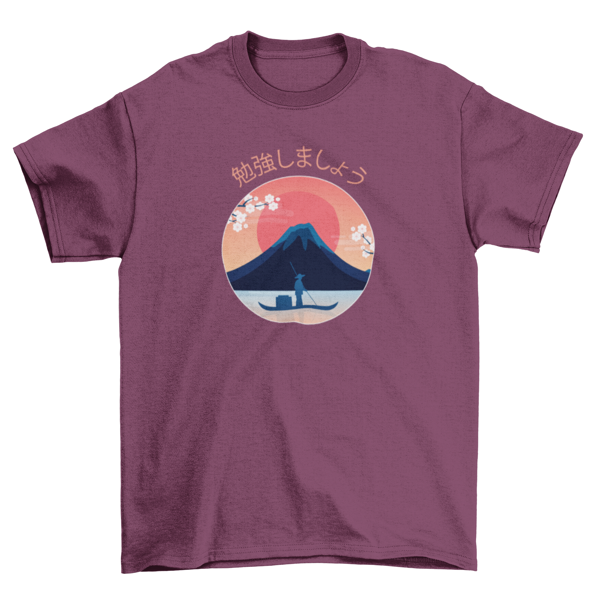 Beautiful Japanese landscape t-shirt design featuring a man sailing on a boat with Mount Fuji and a red sun in the background.