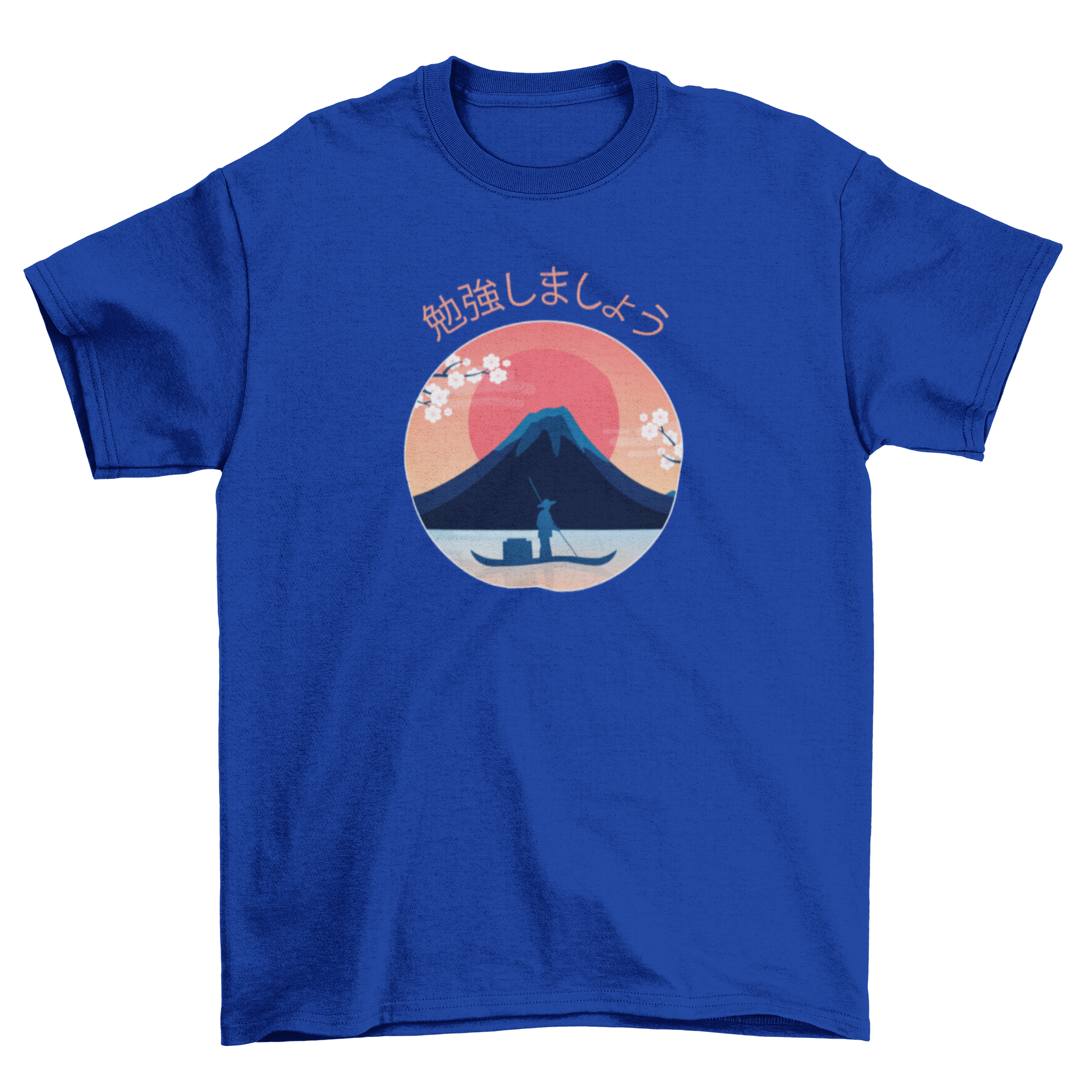 Beautiful Japanese landscape t-shirt design featuring a man sailing on a boat with Mount Fuji and a red sun in the background.