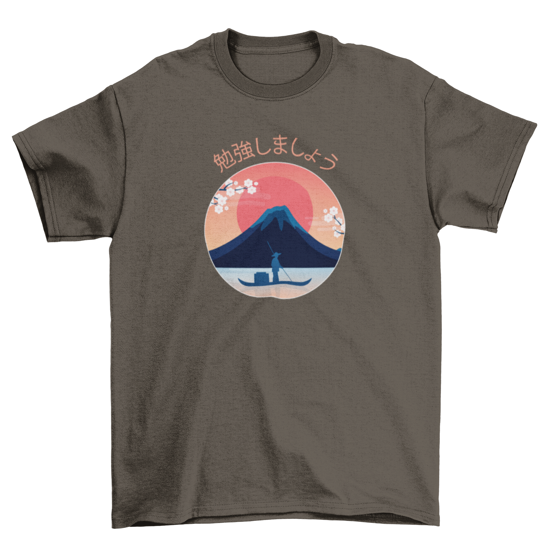 Beautiful Japanese landscape t-shirt design featuring a man sailing on a boat with Mount Fuji and a red sun in the background.