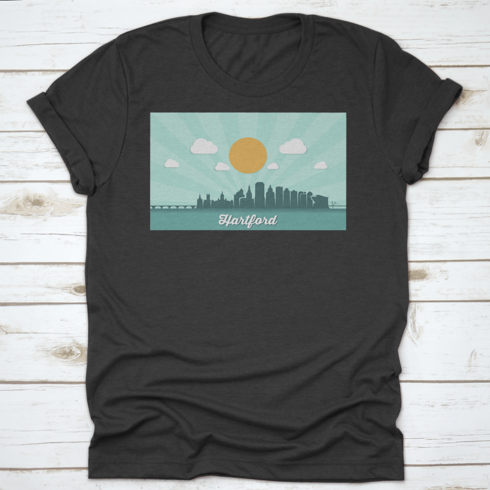 Beautiful Landmark Shirt featuring the Hartford Skyline, showcasing a stylish design perfect for Connecticut enthusiasts.