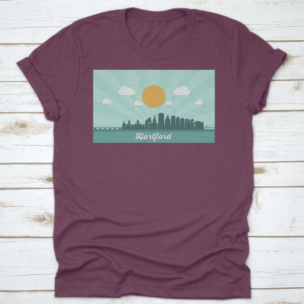 Beautiful Landmark Shirt featuring the Hartford Skyline, showcasing a stylish design perfect for Connecticut enthusiasts.
