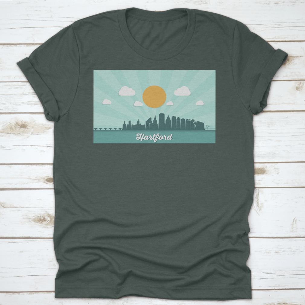 Beautiful Landmark Shirt featuring the Hartford Skyline, showcasing a stylish design perfect for Connecticut enthusiasts.