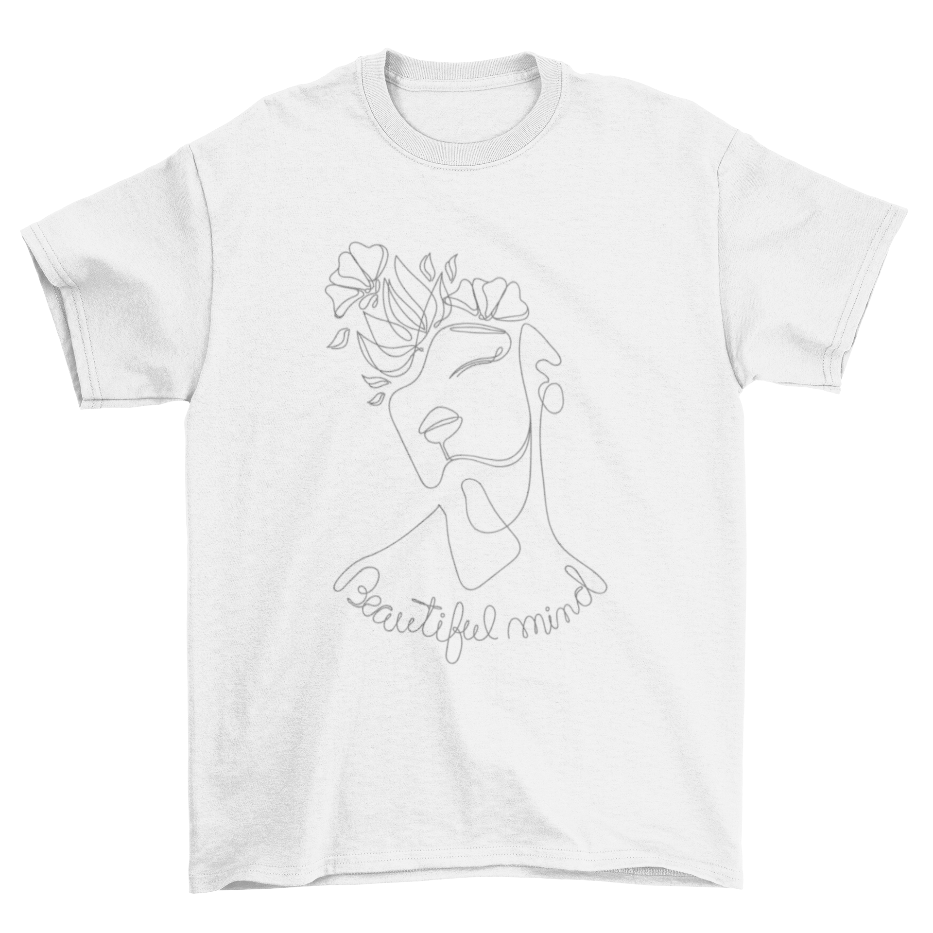 Beautiful Mind Girl Continuous Line T-Shirt featuring a girl with flowers and an inspiring quote in a minimalist design.