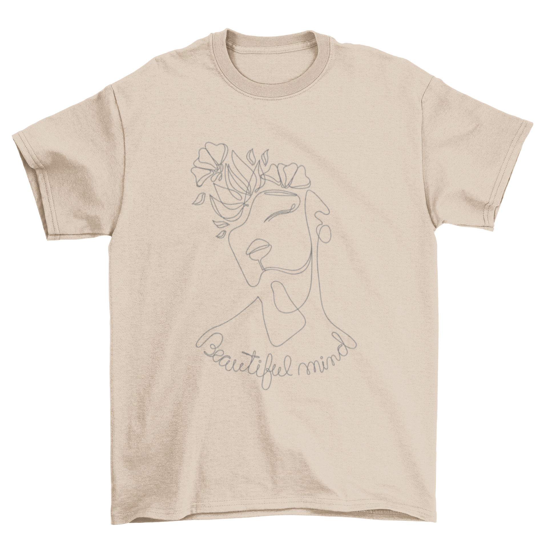 Beautiful Mind Girl Continuous Line T-Shirt featuring a girl with flowers and an inspiring quote in a minimalist design.