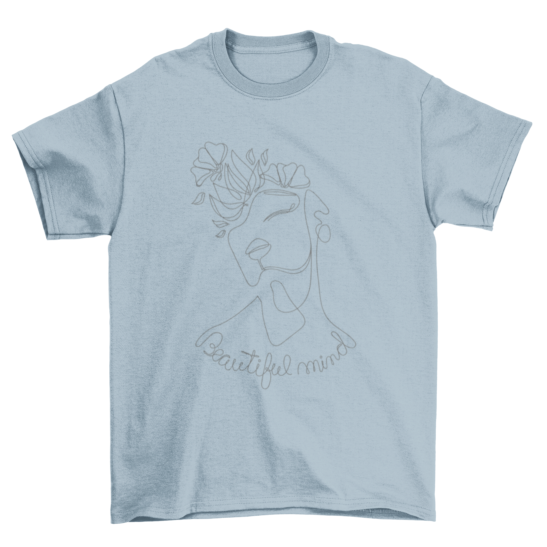 Beautiful Mind Girl Continuous Line T-Shirt featuring a girl with flowers and an inspiring quote in a minimalist design.