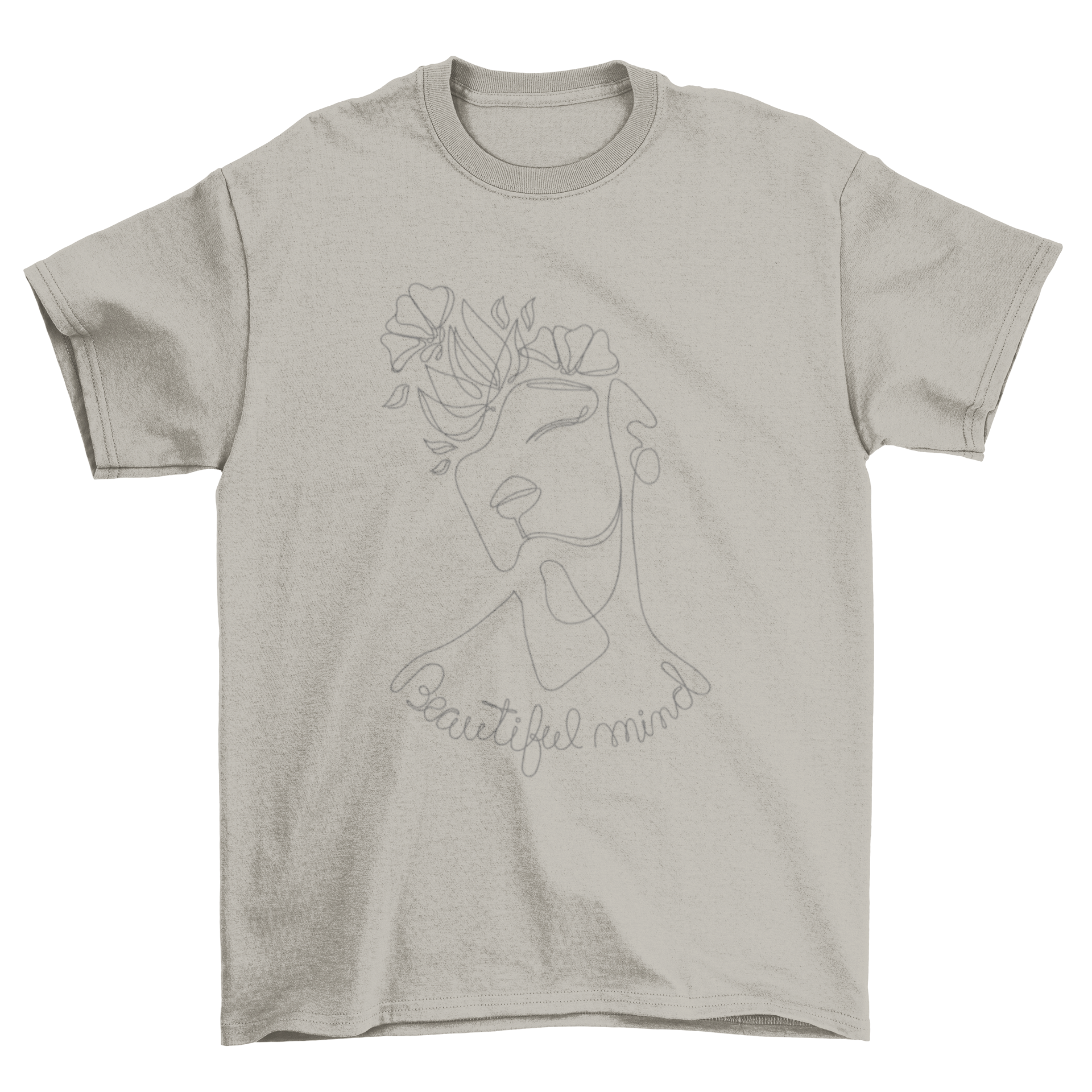 Beautiful Mind Girl Continuous Line T-Shirt featuring a girl with flowers and an inspiring quote in a minimalist design.