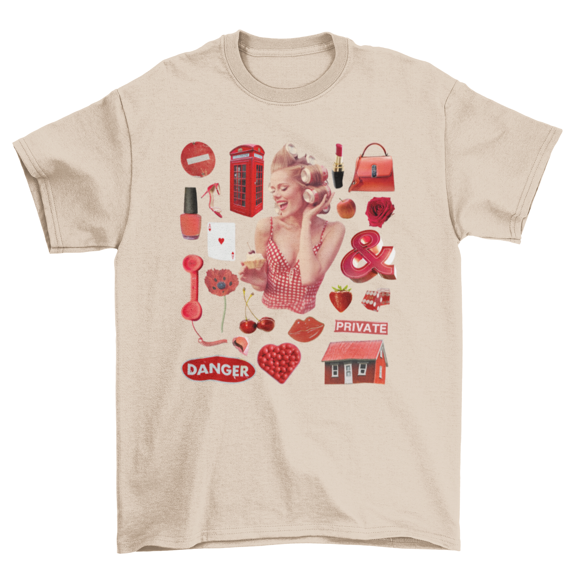 A vibrant red tone collage featuring a fashionable girl wearing stylish clothing, ideal for t-shirt mockups.