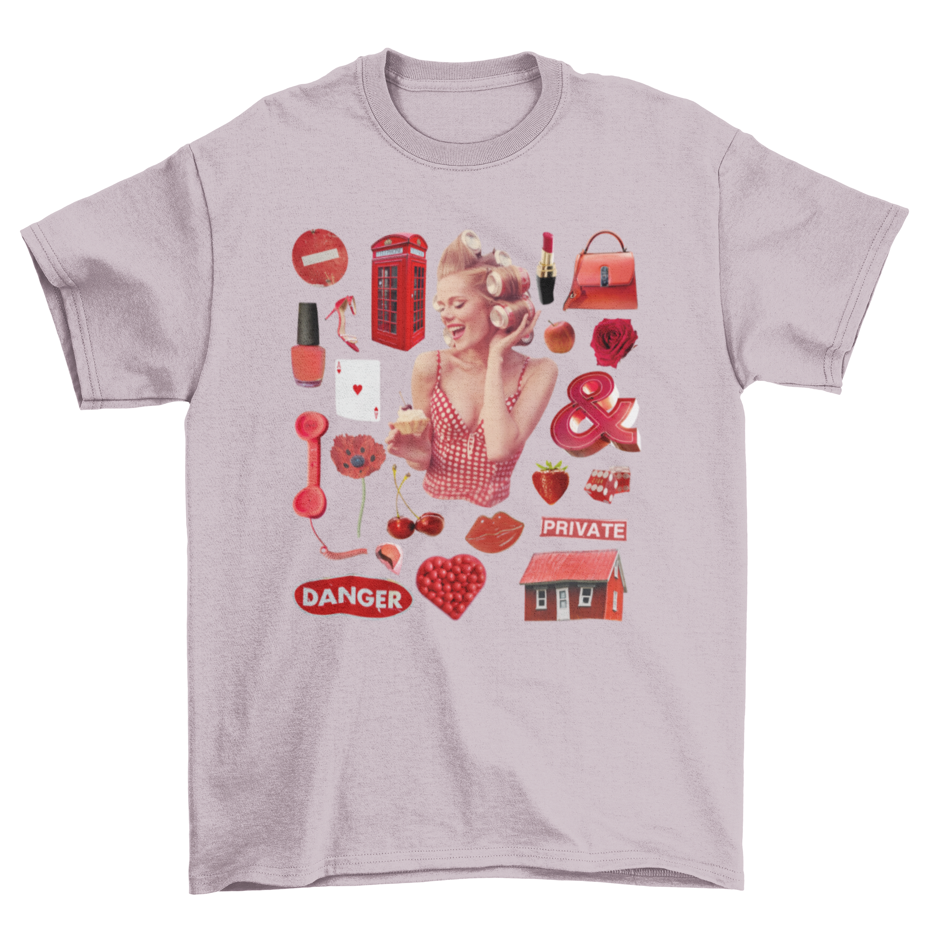 A vibrant red tone collage featuring a fashionable girl wearing stylish clothing, ideal for t-shirt mockups.