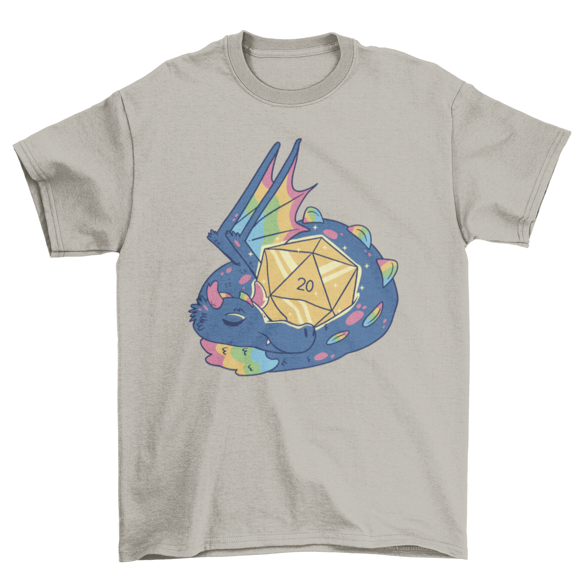 A colorful t-shirt featuring a dragon with rainbow wings sleeping around RPG dice, showcasing a unique fantasy design.