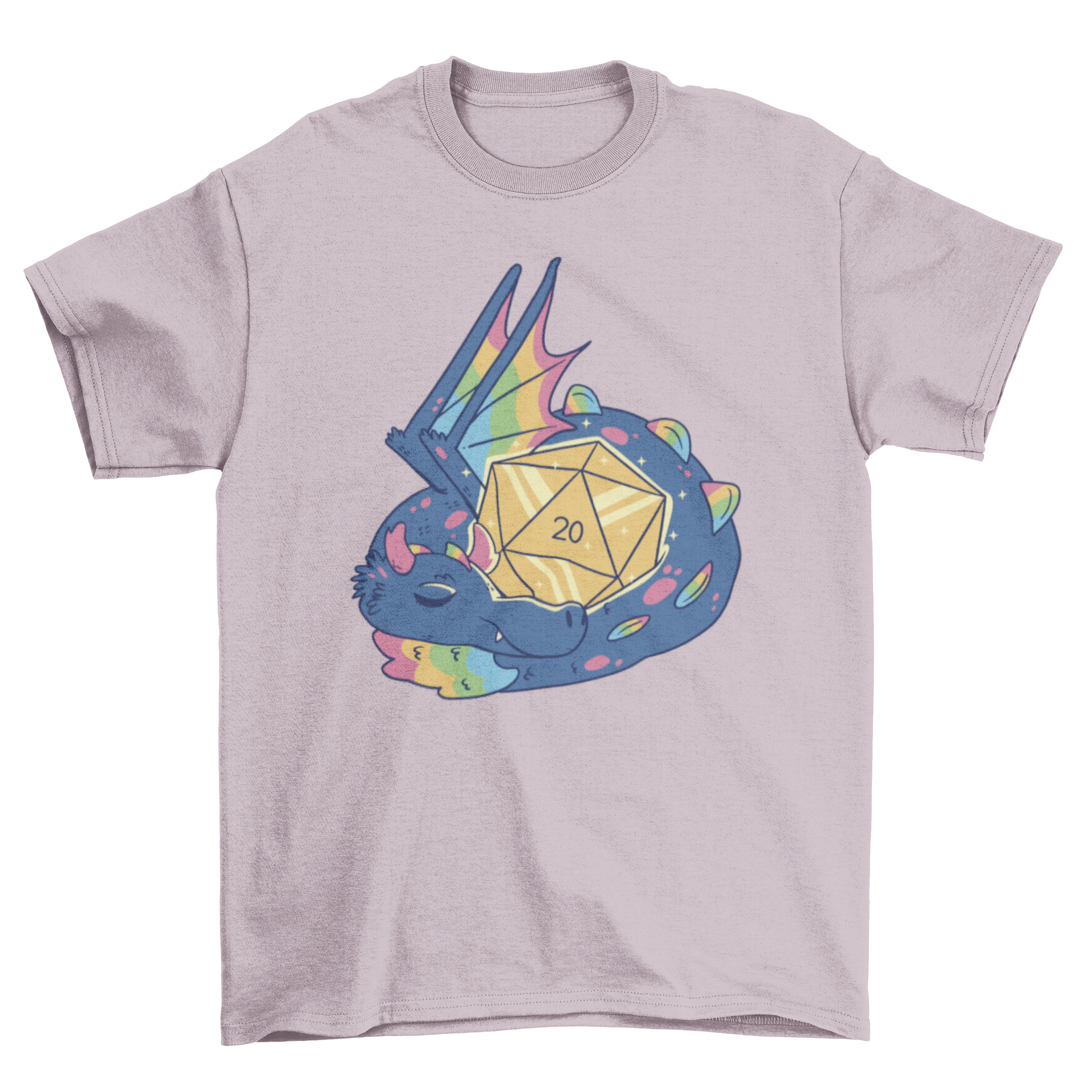 A colorful t-shirt featuring a dragon with rainbow wings sleeping around RPG dice, showcasing a unique fantasy design.