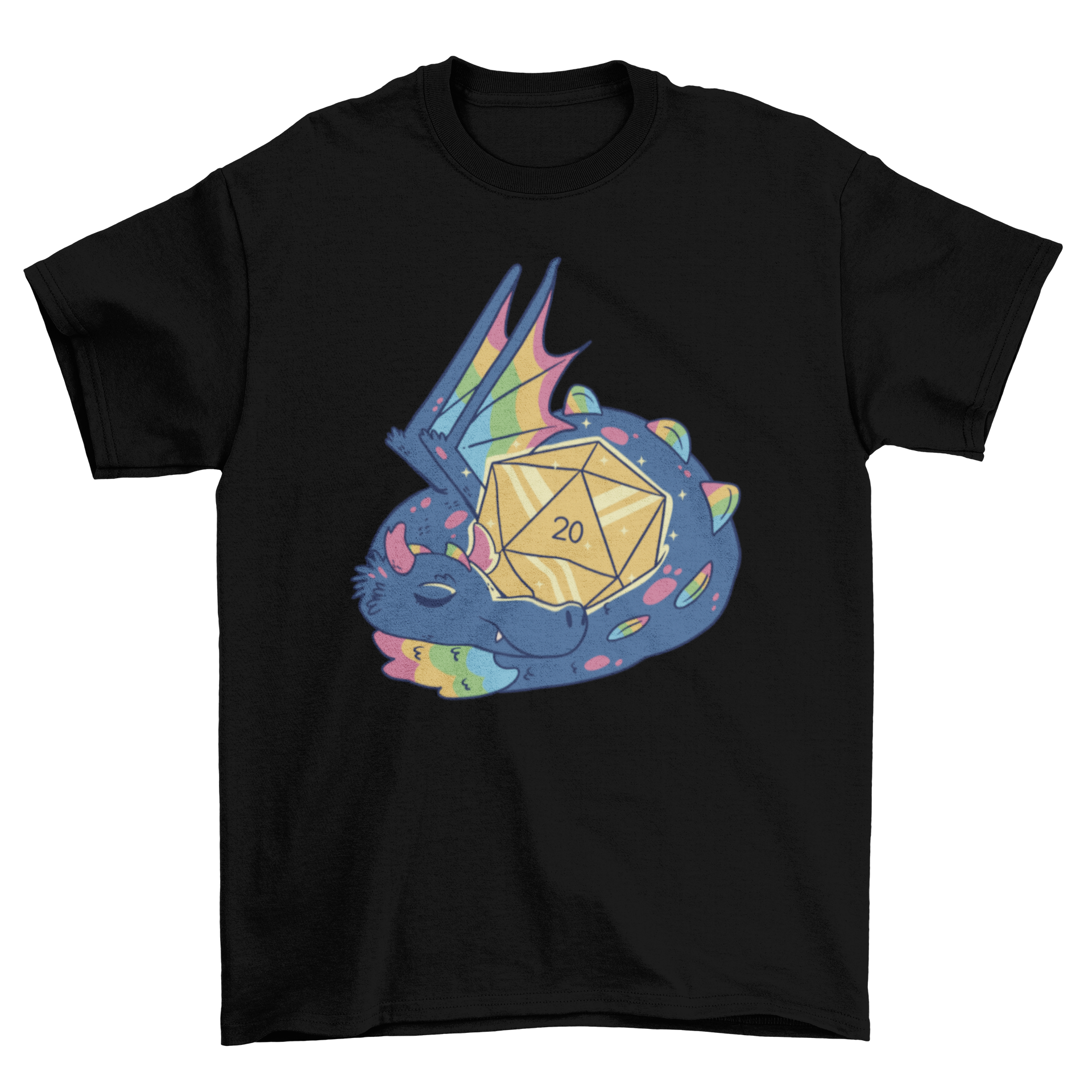 A colorful t-shirt featuring a dragon with rainbow wings sleeping around RPG dice, showcasing a unique fantasy design.