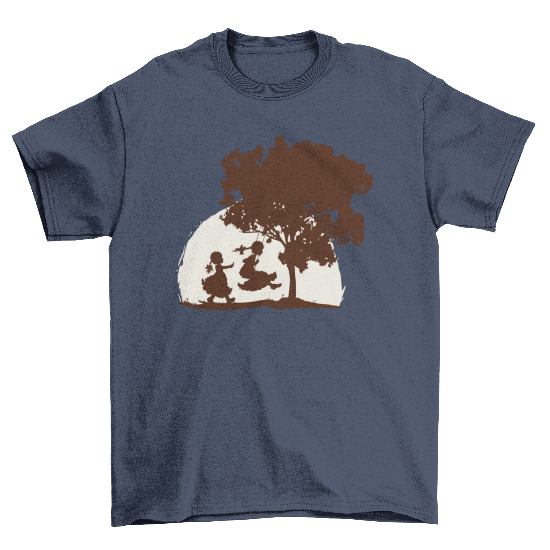 A charming t-shirt design featuring two sisters joyfully playing on a swing under a tree, symbolizing childhood happiness.