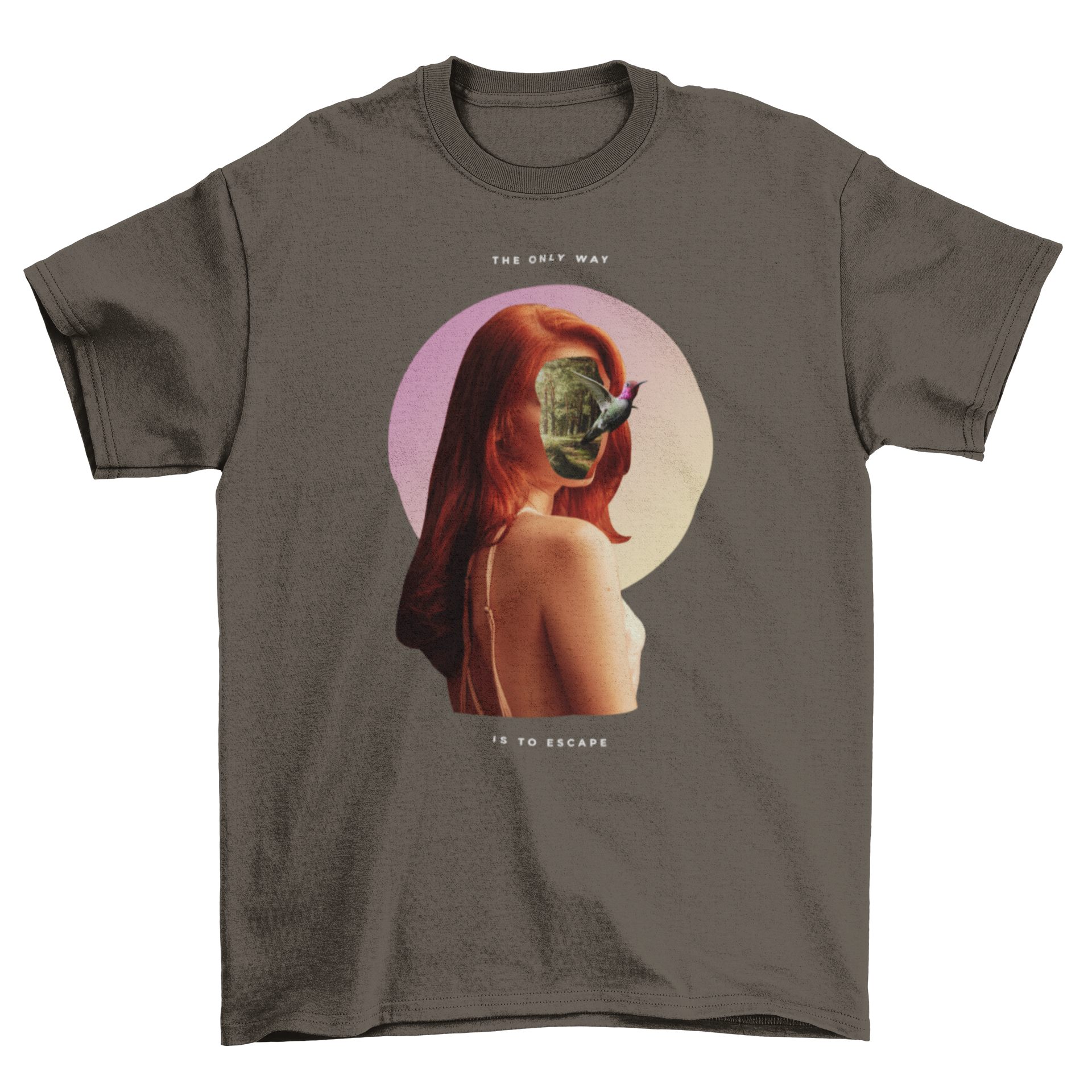 A stylish t-shirt featuring a woman's face replaced by a colorful forest and a bird flying out, symbolizing nature and freedom.