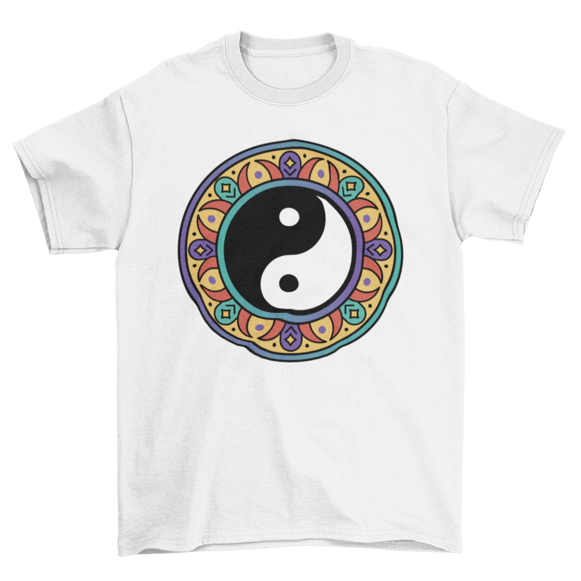 A stylish t-shirt featuring a beautiful mandala design with the ying yang symbol at the center, showcasing harmony and balance.