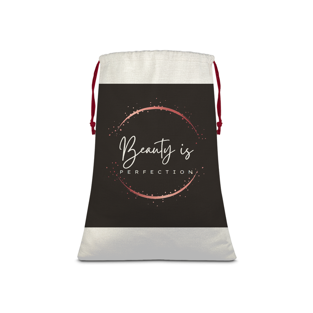 Beauty is Perfection Sublimation Linen Drawstring Sack with red drawstring, showcasing its linen effect and eco-friendly print.