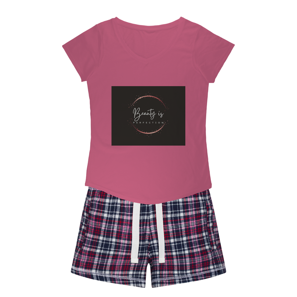 Beauty is Perfection Women's Sleepy Tee and Flannel Short set featuring a relaxed fit T-shirt and vibrant flannel shorts, perfect for cozy nights.