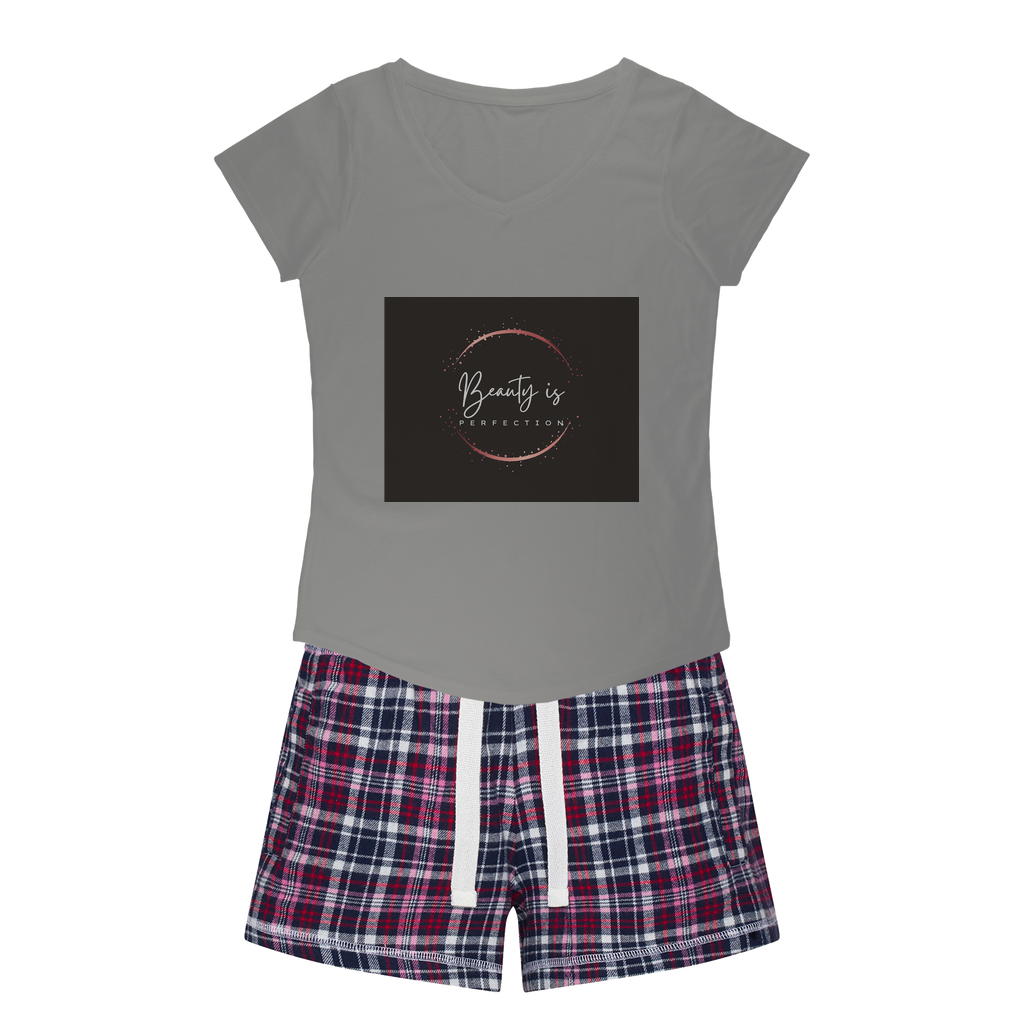Beauty is Perfection Women's Sleepy Tee and Flannel Short set featuring a relaxed fit T-shirt and vibrant flannel shorts, perfect for cozy nights.