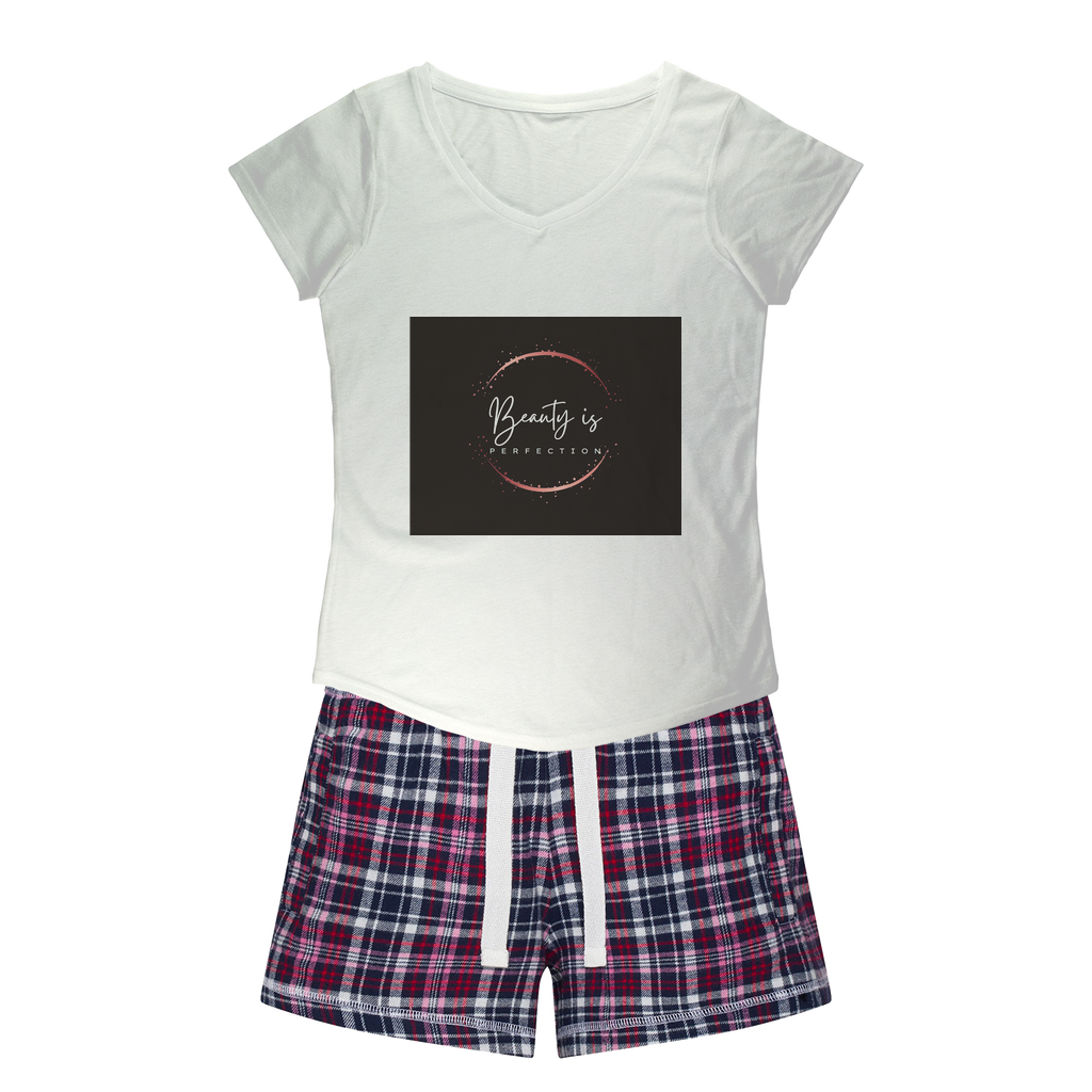 Beauty is Perfection Women's Sleepy Tee and Flannel Short set featuring a relaxed fit T-shirt and vibrant flannel shorts, perfect for cozy nights.