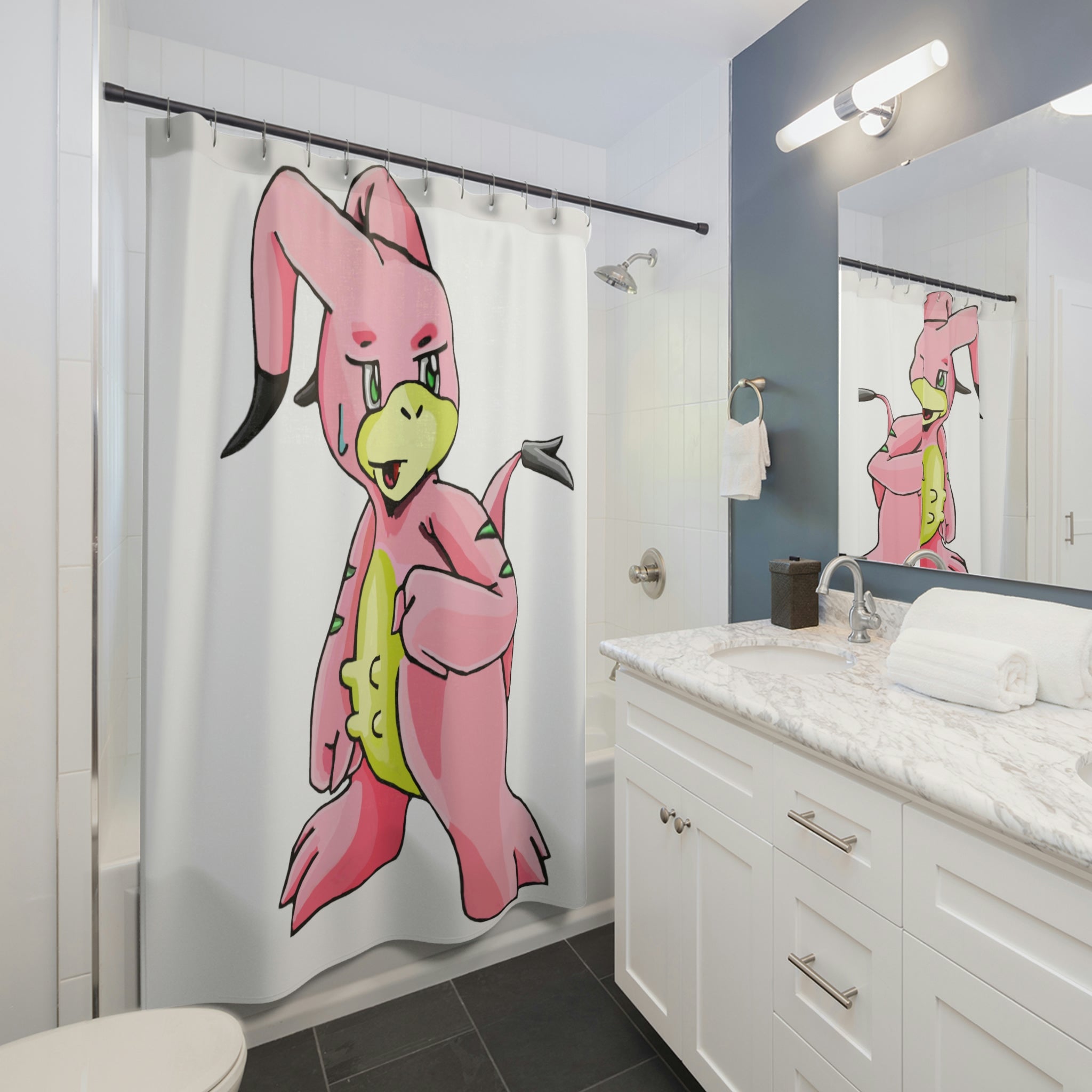 Bebow Shower Curtain featuring vibrant custom designs, made from durable polyester material, ideal for enhancing bathroom decor.