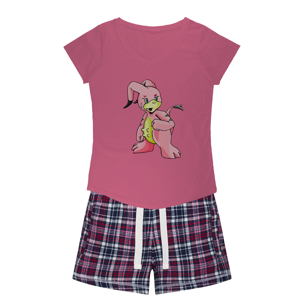 Bebow Women's Sleepy Tee and Flannel Short set featuring a relaxed fit T-shirt and colorful flannel shorts, perfect for cozy nights.