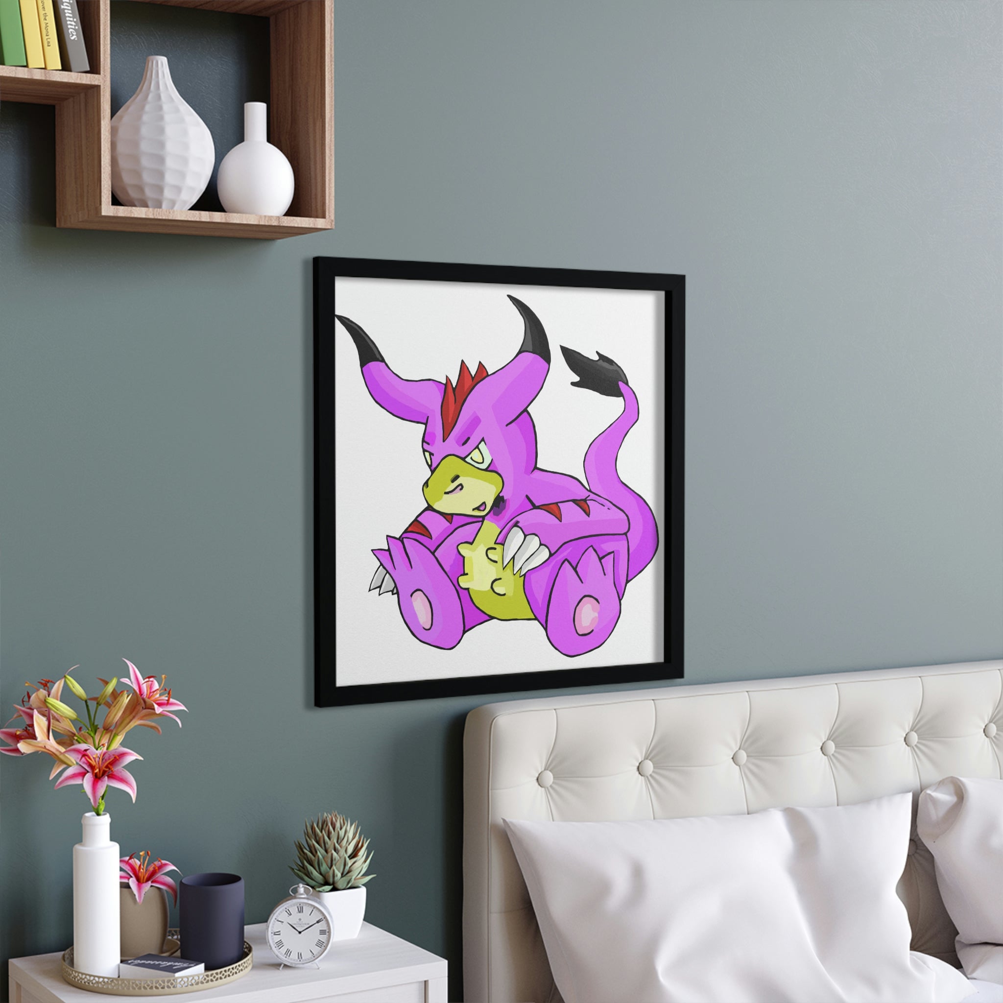 Beboxu Framed Poster showcasing a hand-crafted wooden frame with vibrant custom artwork.