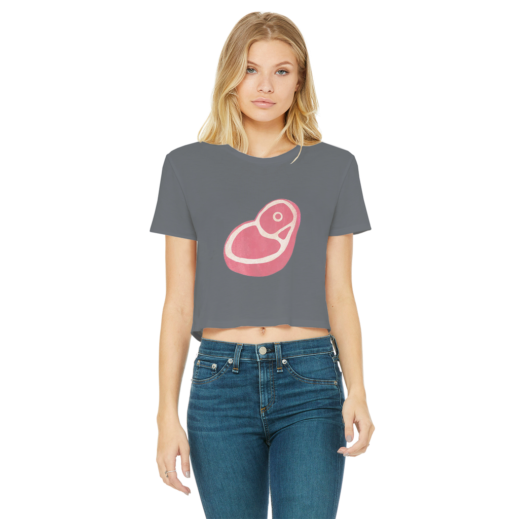 Beef Classic Women's Cropped Raw Edge T-Shirt in various colors, showcasing its stylish design and raw edge hem.