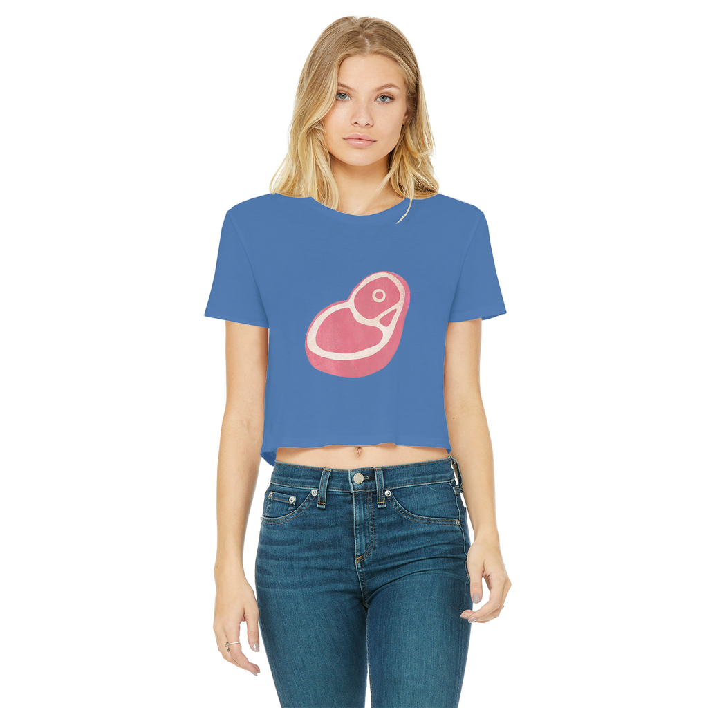 Beef Classic Women's Cropped Raw Edge T-Shirt in various colors, showcasing its stylish design and raw edge hem.