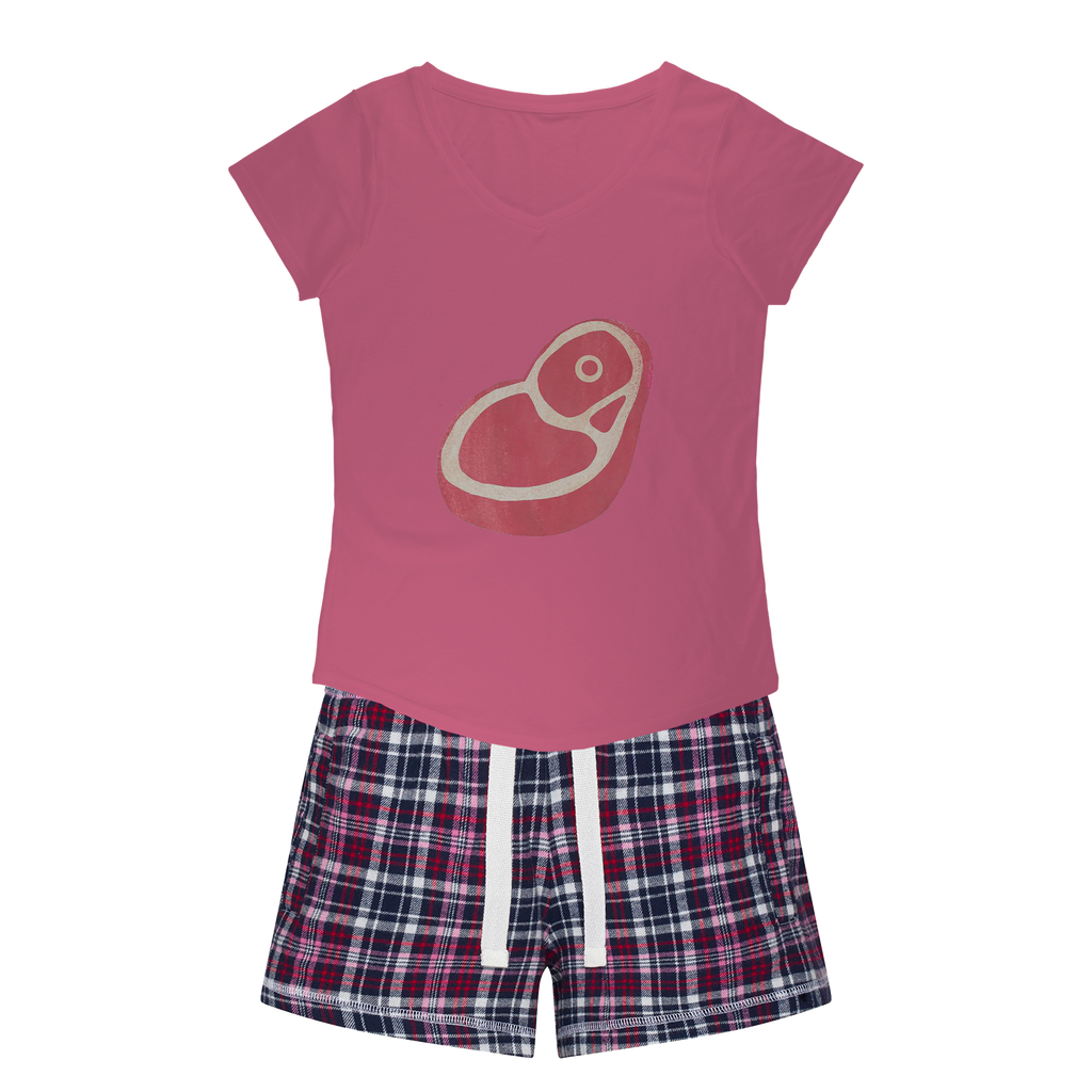 Beef Women's Sleepy Tee and Flannel Short set featuring a relaxed fit T-shirt and colorful flannel shorts, perfect for cozy nights.