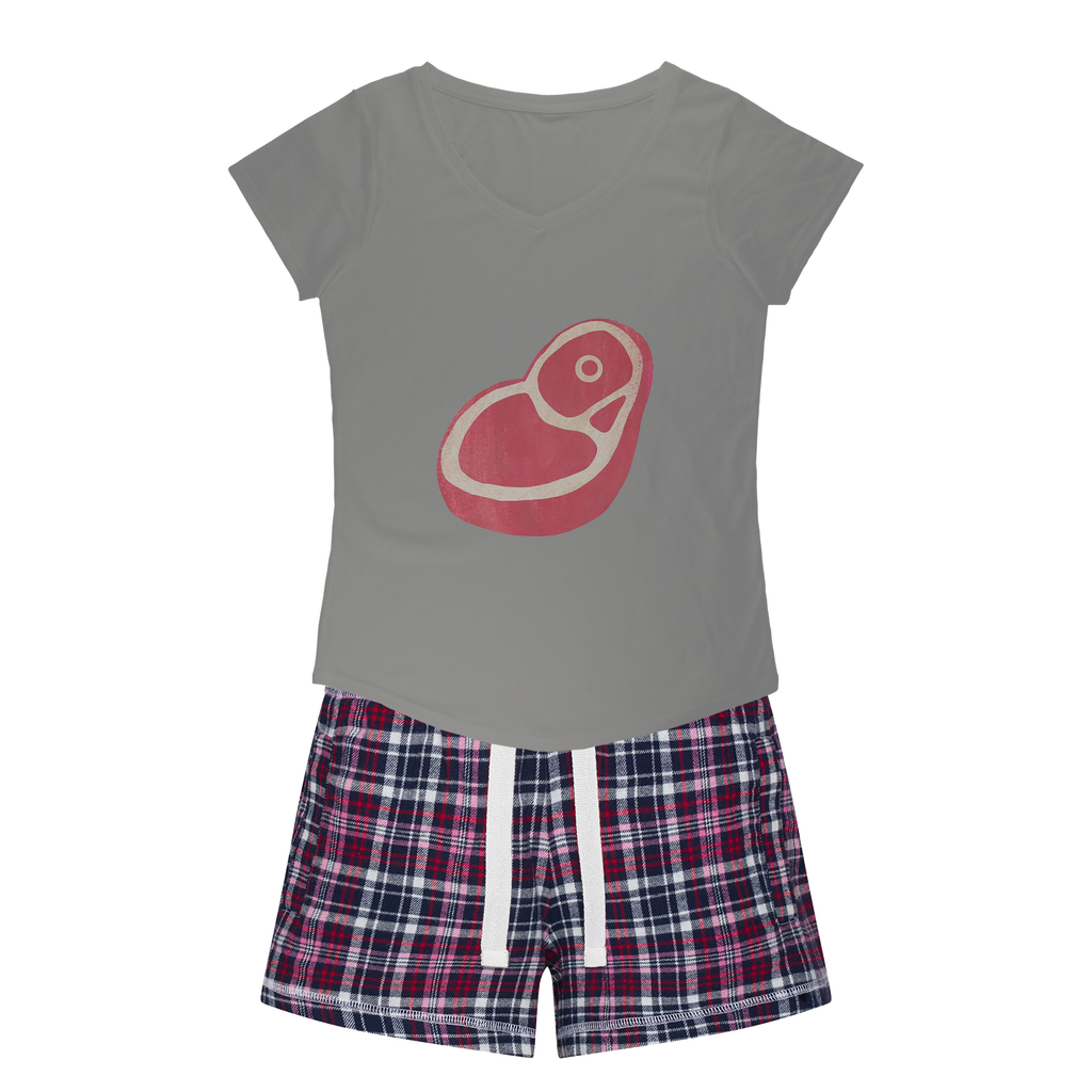 Beef Women's Sleepy Tee and Flannel Short set featuring a relaxed fit T-shirt and colorful flannel shorts, perfect for cozy nights.