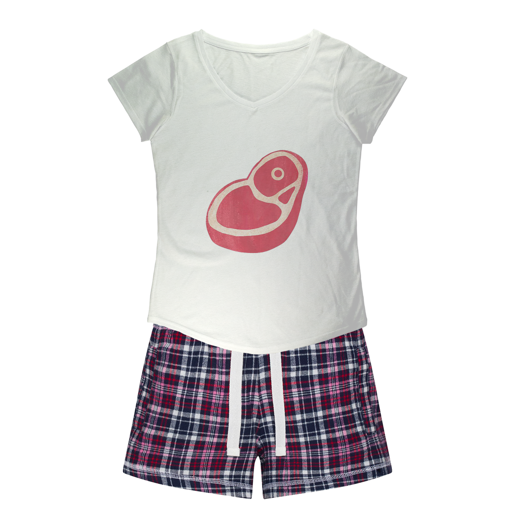 Beef Women's Sleepy Tee and Flannel Short set featuring a relaxed fit T-shirt and colorful flannel shorts, perfect for cozy nights.