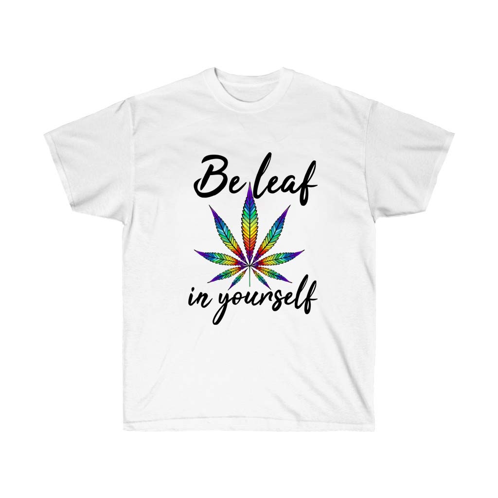 Beleaf in Yourself T-Shirt made from 100% soft cotton, featuring a unisex retail fit and a positive message, designed and printed in the USA.
