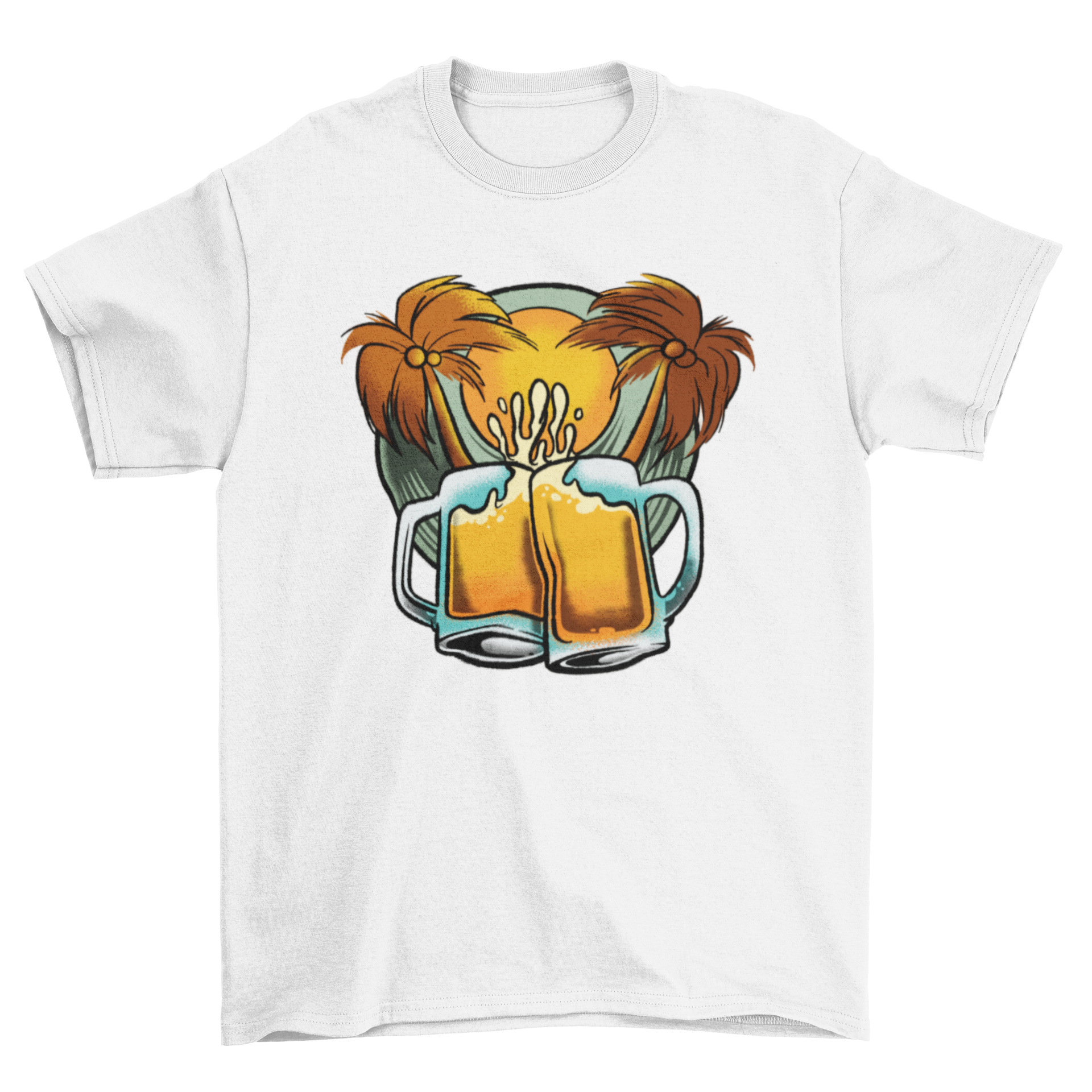 A vibrant t-shirt featuring beer mugs and palm trees, perfect for beach lovers.