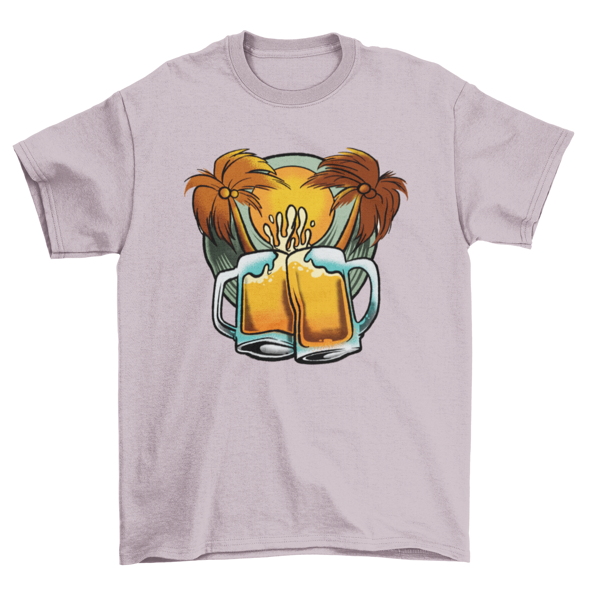A vibrant t-shirt featuring beer mugs and palm trees, perfect for beach lovers.