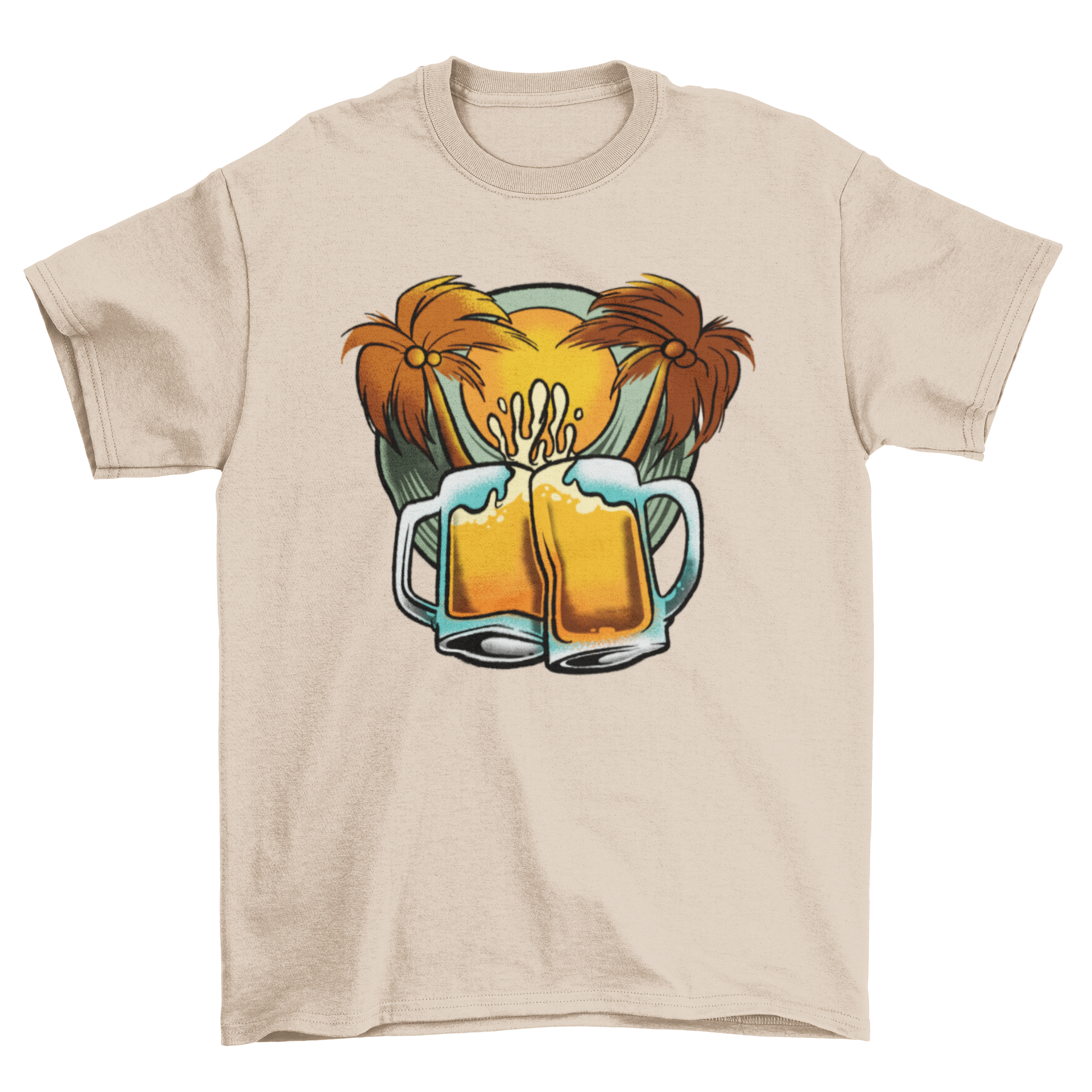 A vibrant t-shirt featuring beer mugs and palm trees, perfect for beach lovers.
