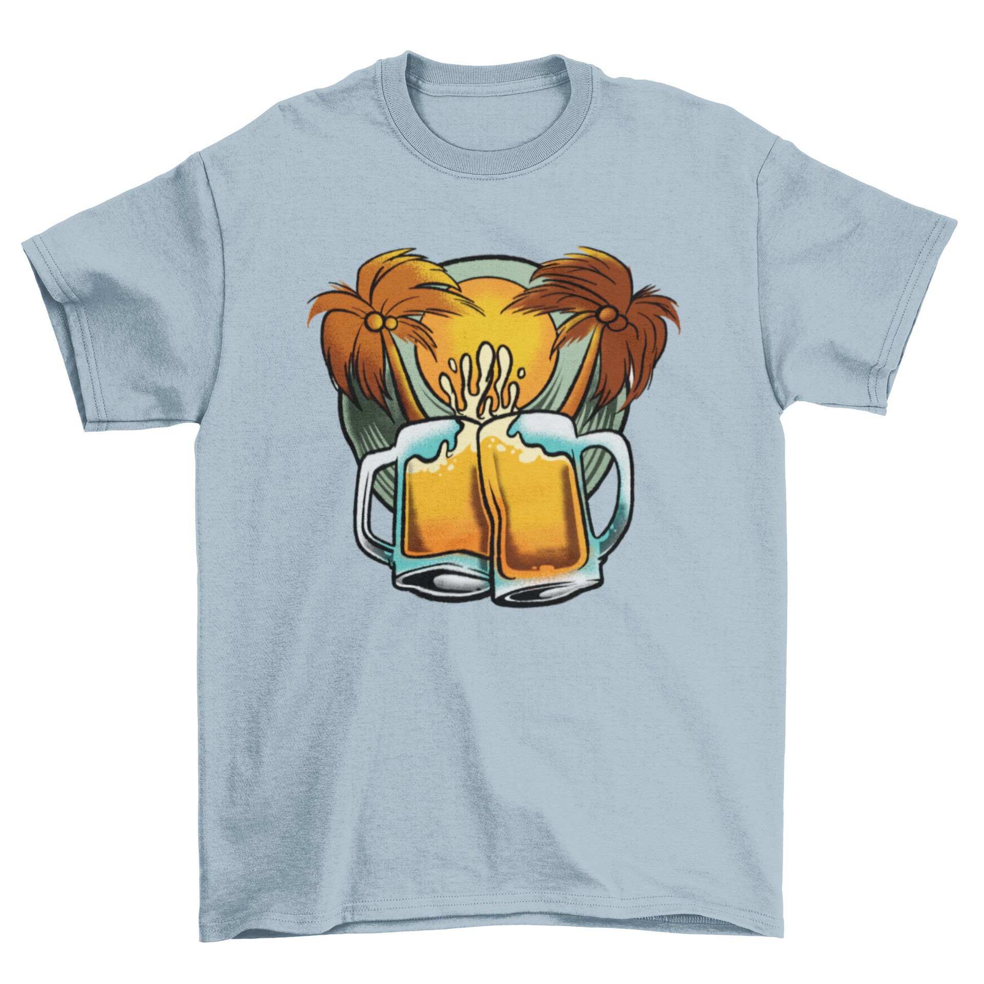 A vibrant t-shirt featuring beer mugs and palm trees, perfect for beach lovers.