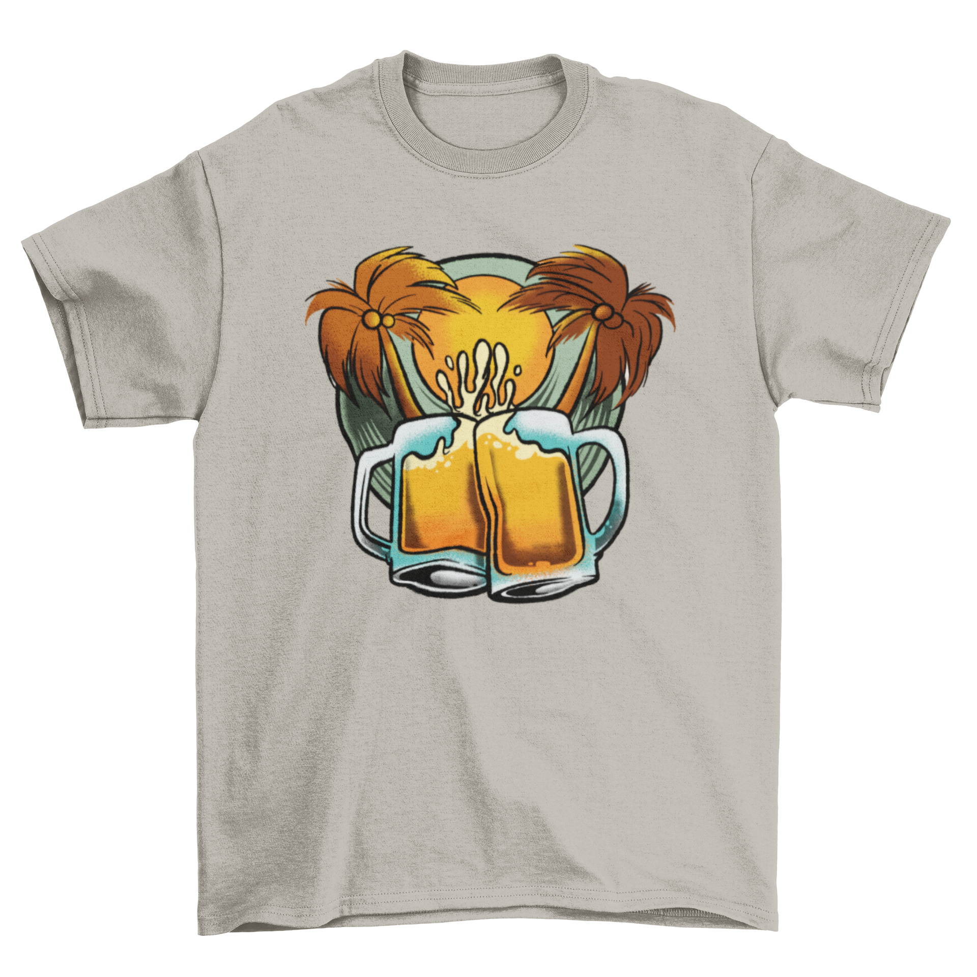 A vibrant t-shirt featuring beer mugs and palm trees, perfect for beach lovers.