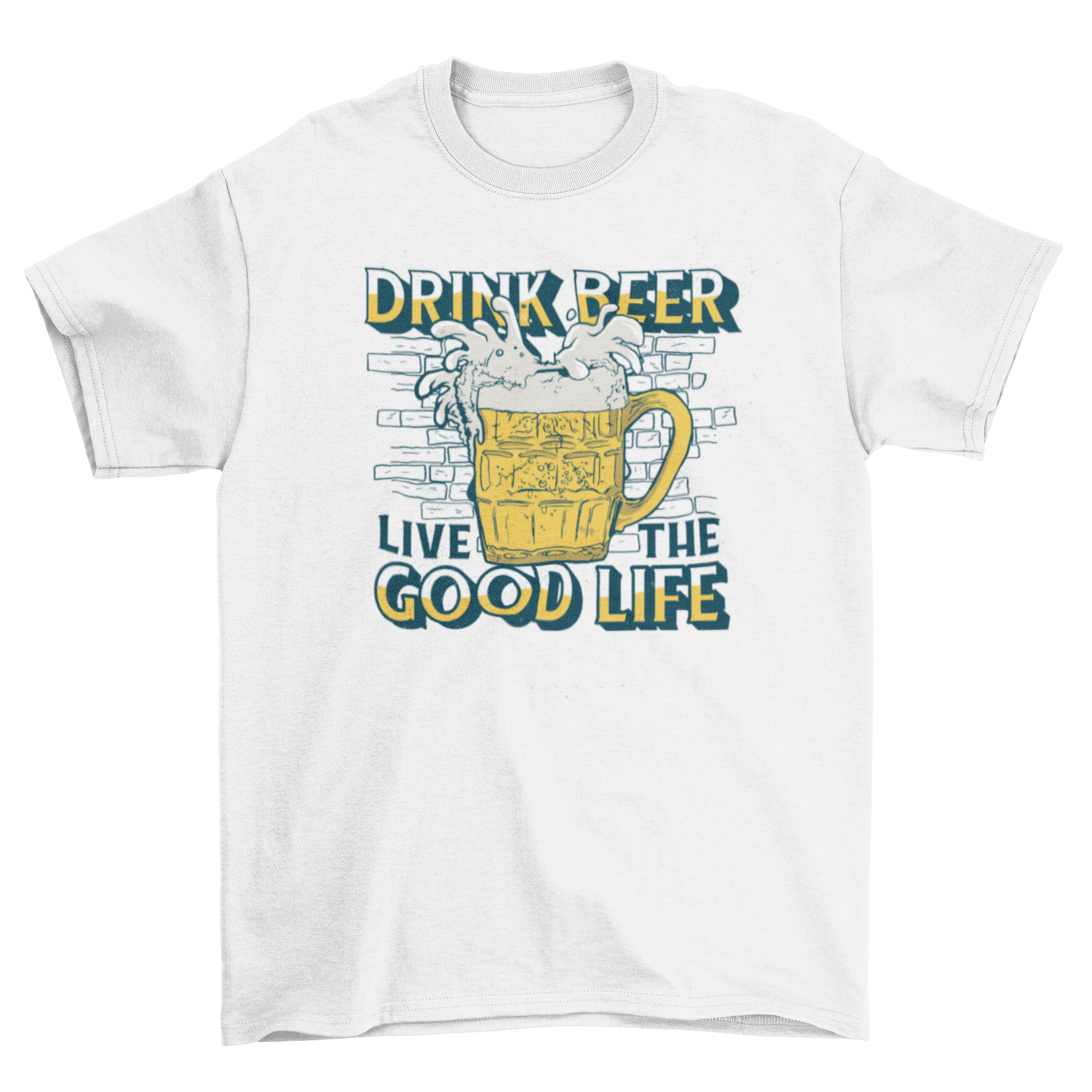Beer alcoholic drink quote t-shirt featuring a beer jug and the quote 'Drink beer, live the good life'.