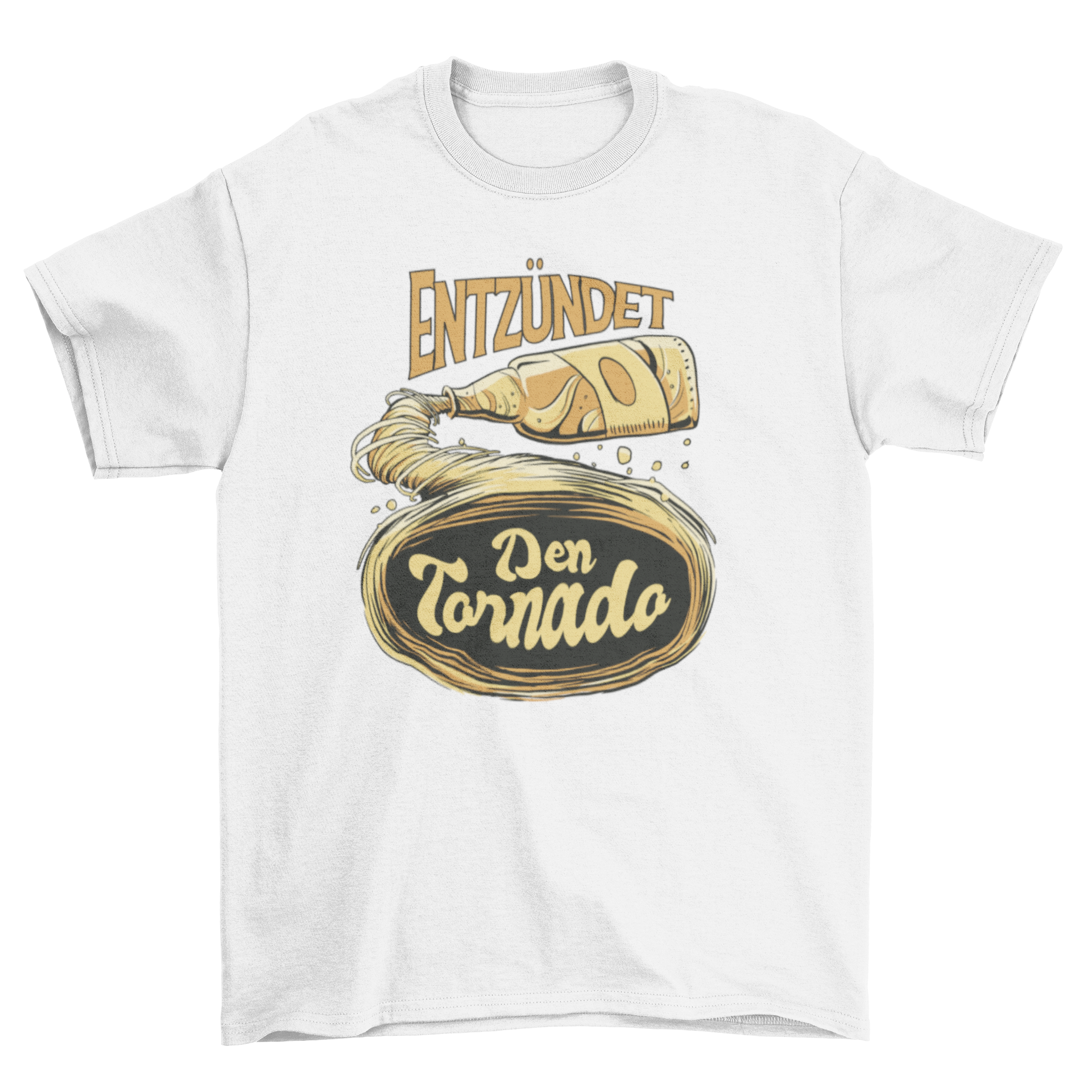 A stylish t-shirt featuring a beer bottle with a tornado graphic and the quote 'I heard a tornado'.