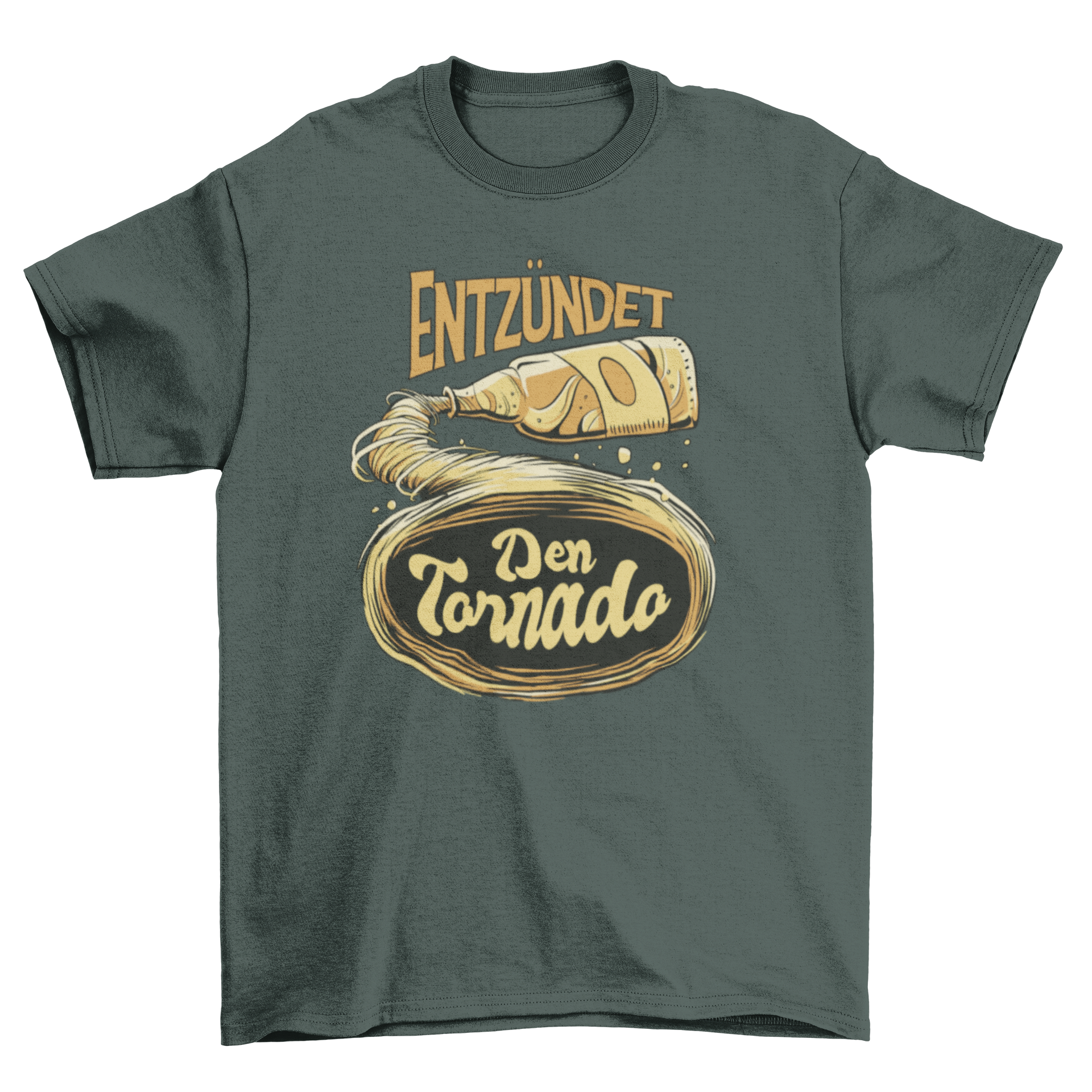A stylish t-shirt featuring a beer bottle with a tornado graphic and the quote 'I heard a tornado'.