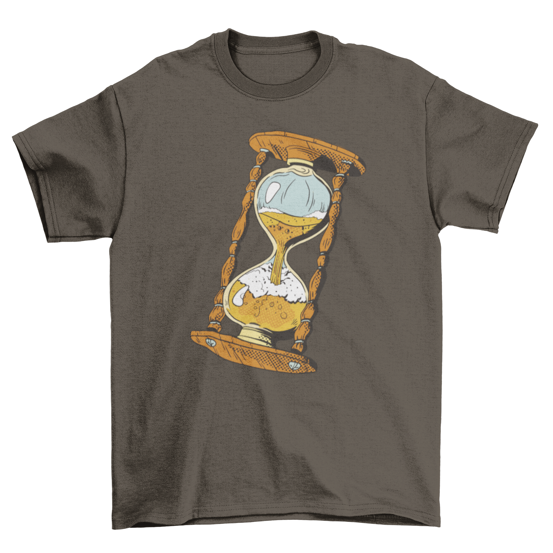 A stylish t-shirt featuring an hourglass design filled with beer, perfect for casual wear.