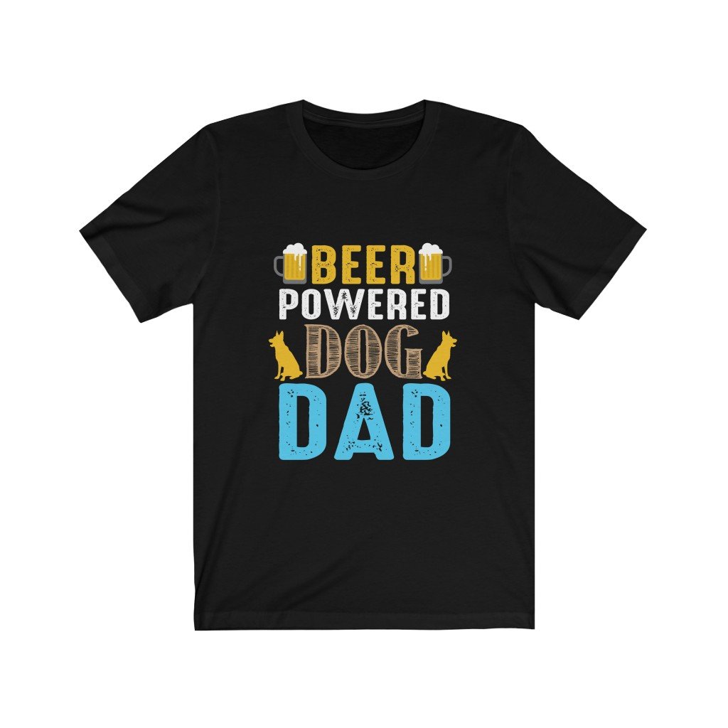 A humorous Beer Powered Dog Dad Funny T-Shirt featuring a playful design, made from 100% soft cotton, perfect for dog lovers and beer enthusiasts.