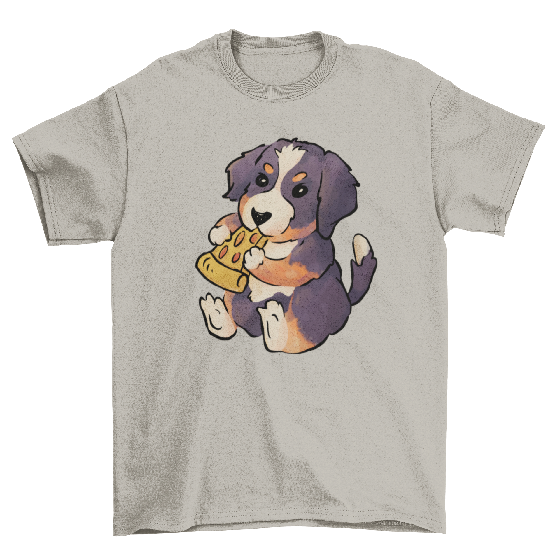 Bernese Mountain Dog puppy happily eating pizza on a t-shirt design.