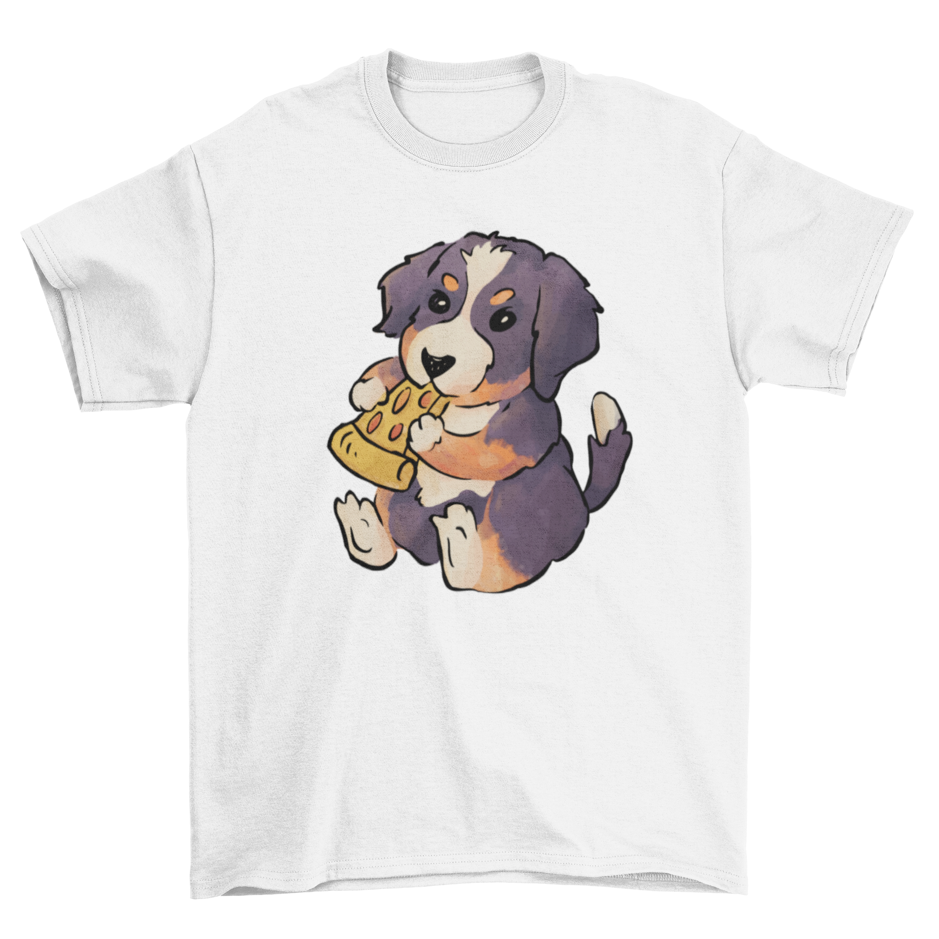 Bernese Mountain Dog puppy happily eating pizza on a t-shirt design.