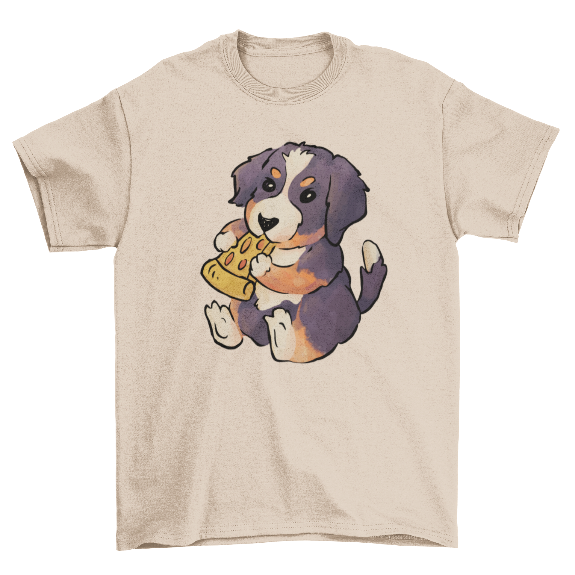 Bernese Mountain Dog puppy happily eating pizza on a t-shirt design.