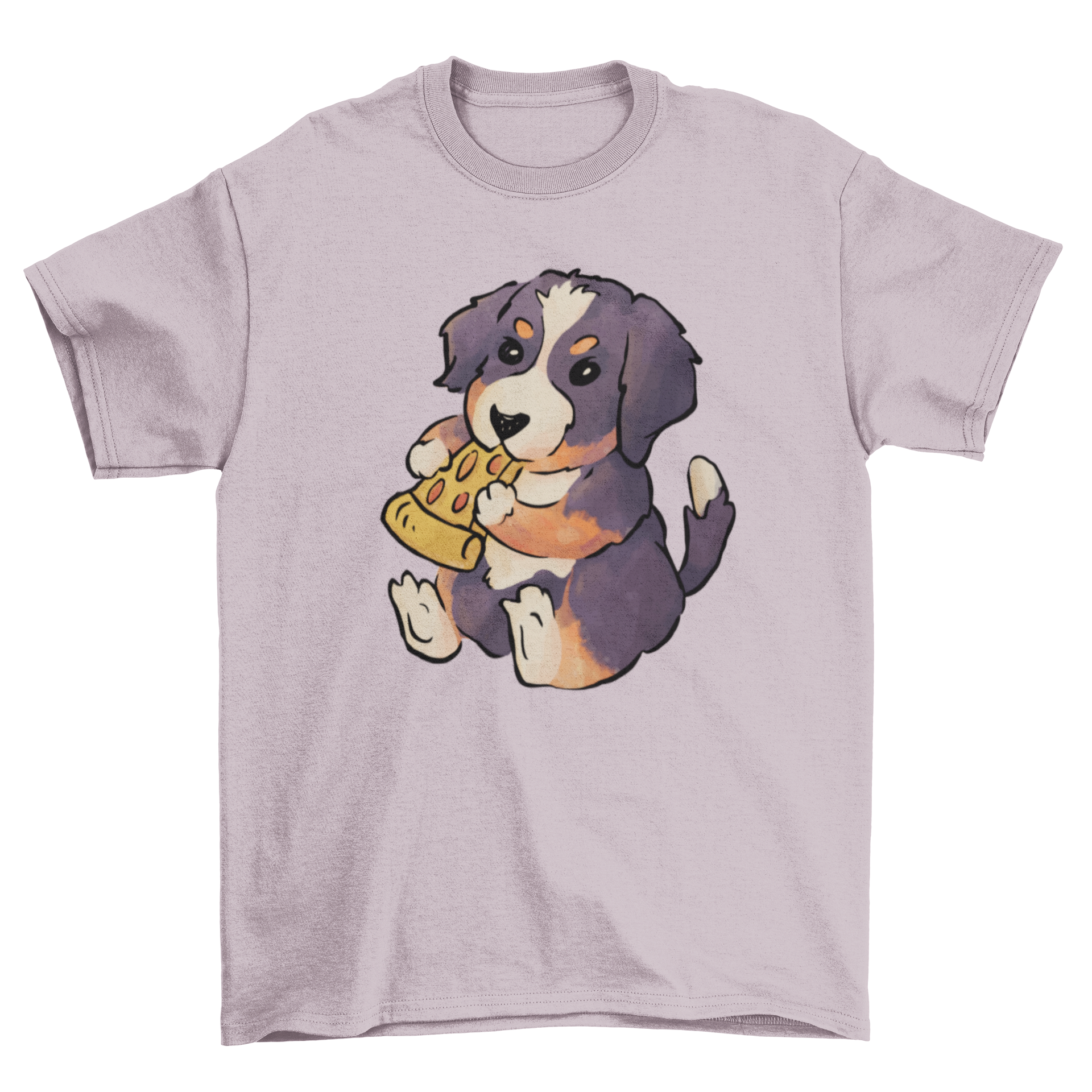 Bernese Mountain Dog puppy happily eating pizza on a t-shirt design.