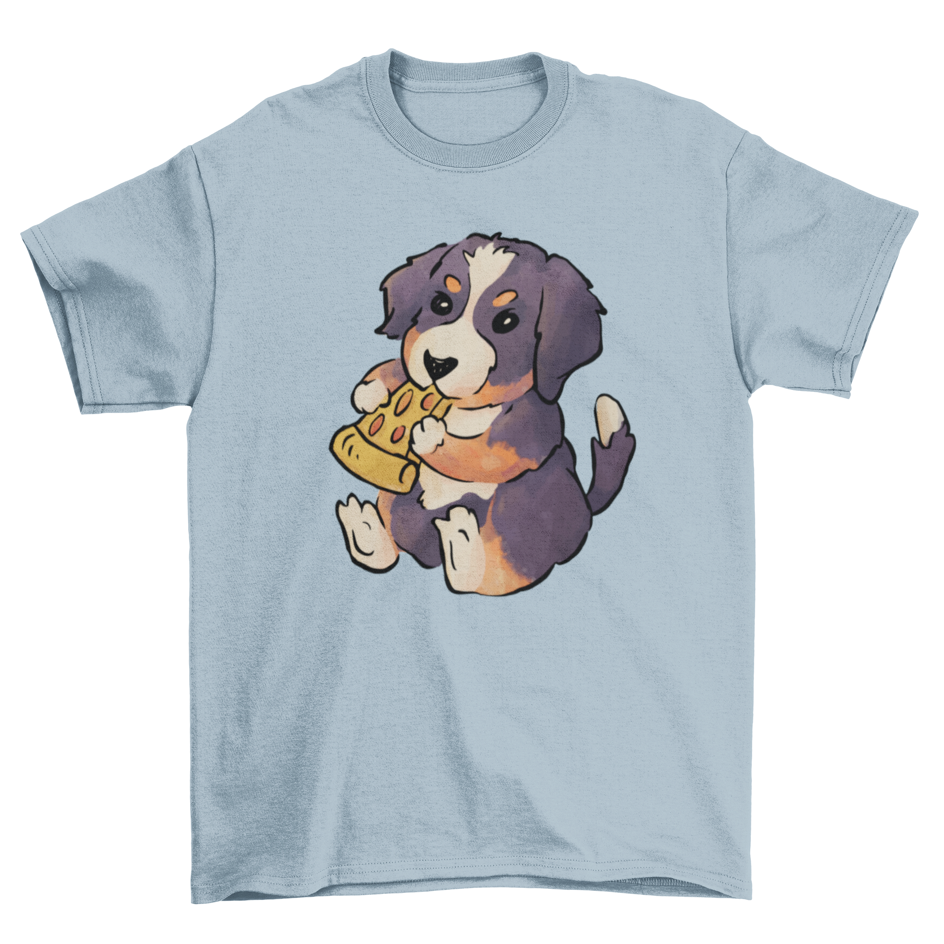 Bernese Mountain Dog puppy happily eating pizza on a t-shirt design.
