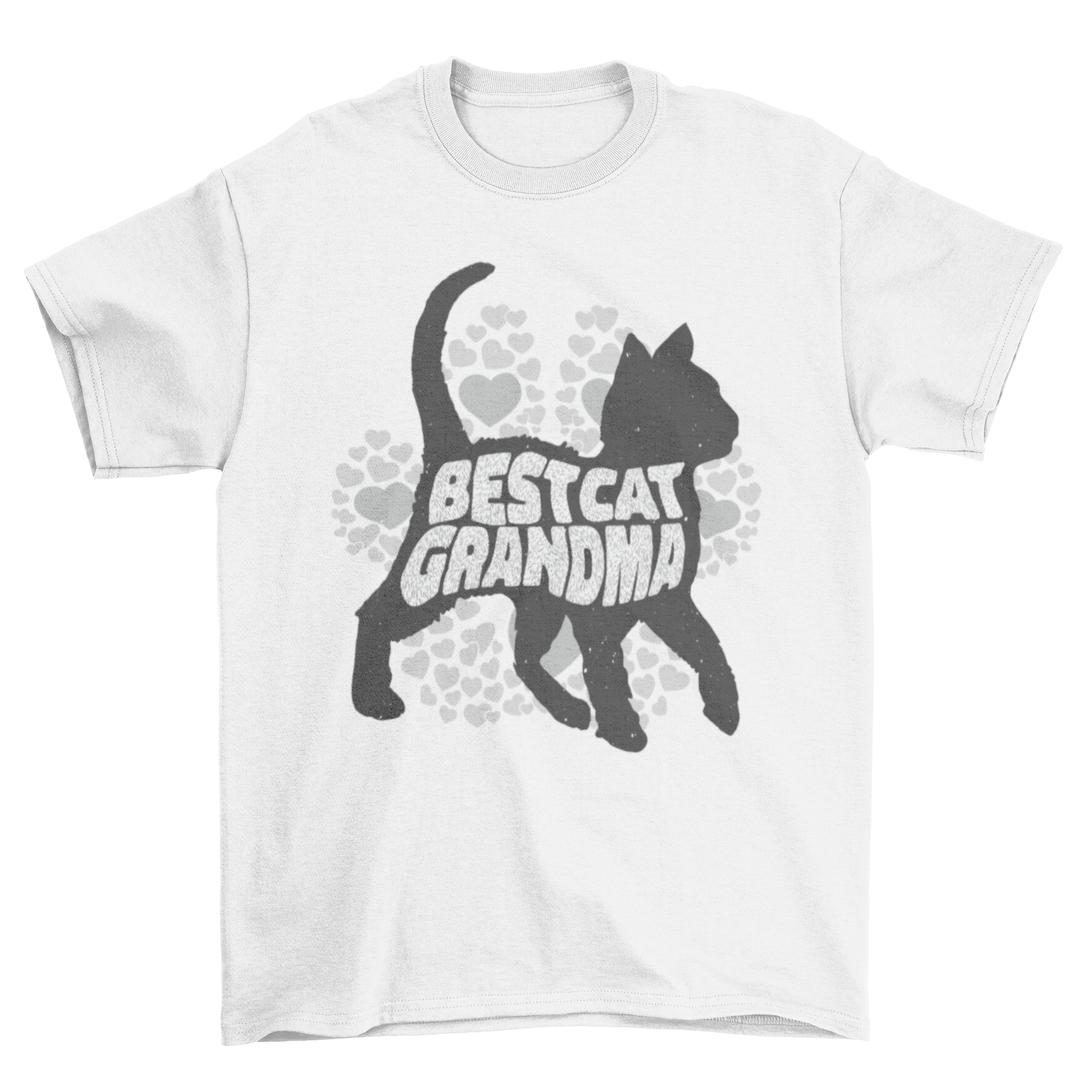 A stylish t-shirt featuring a cat silhouette and the quote 'Best Cat Grandma' with a heart-shaped paw design.