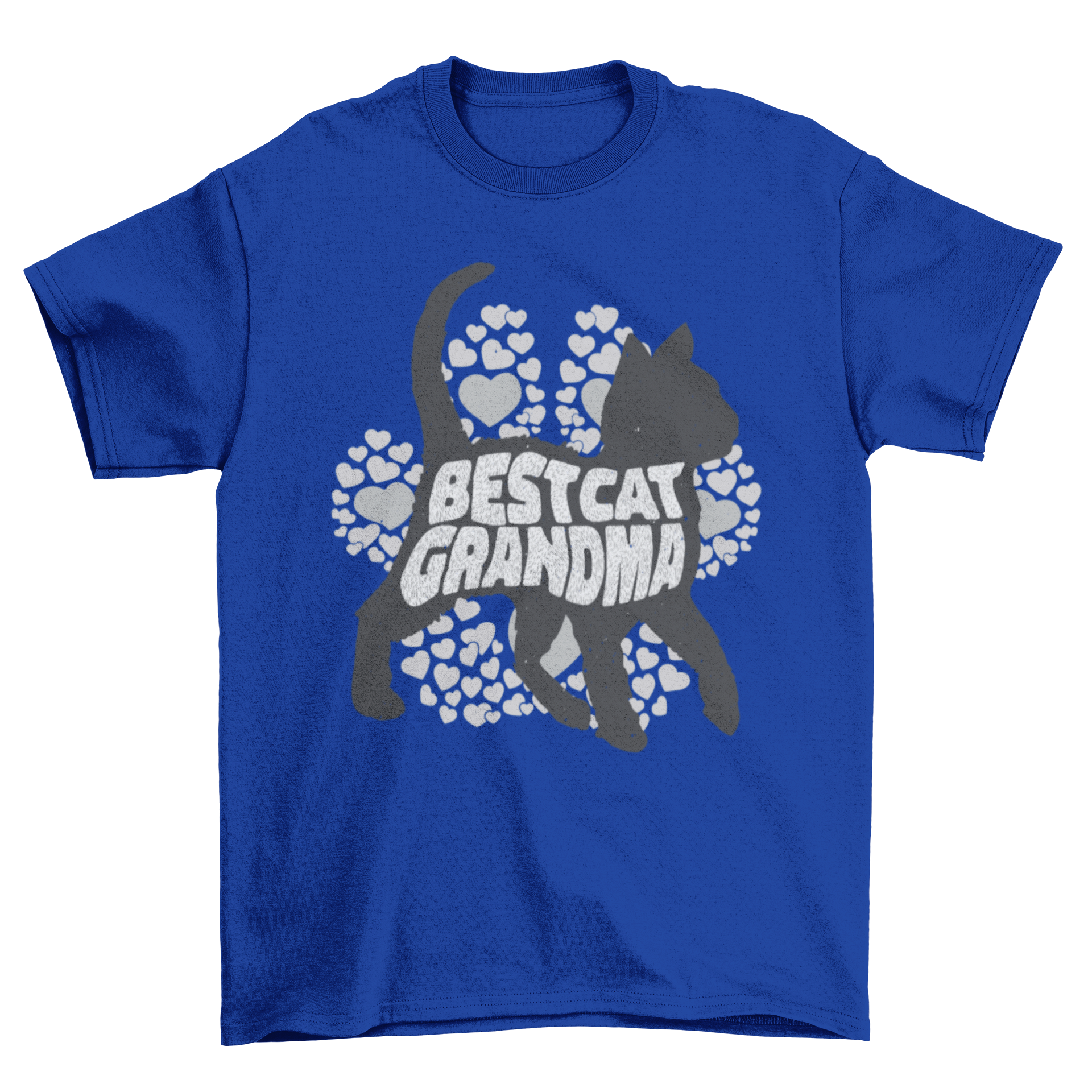 A stylish t-shirt featuring a cat silhouette and the quote 'Best Cat Grandma' with a heart-shaped paw design.
