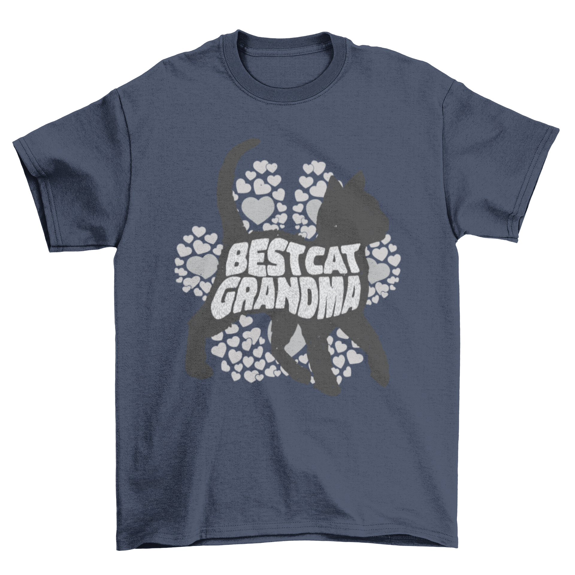 A stylish t-shirt featuring a cat silhouette and the quote 'Best Cat Grandma' with a heart-shaped paw design.