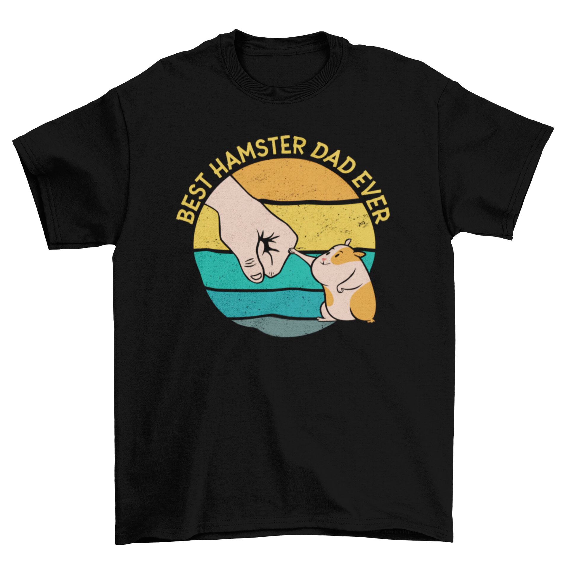 A cute t-shirt featuring a hamster fist-bumping a person with a colorful retro background and the quote 'Best hamster dad ever'.